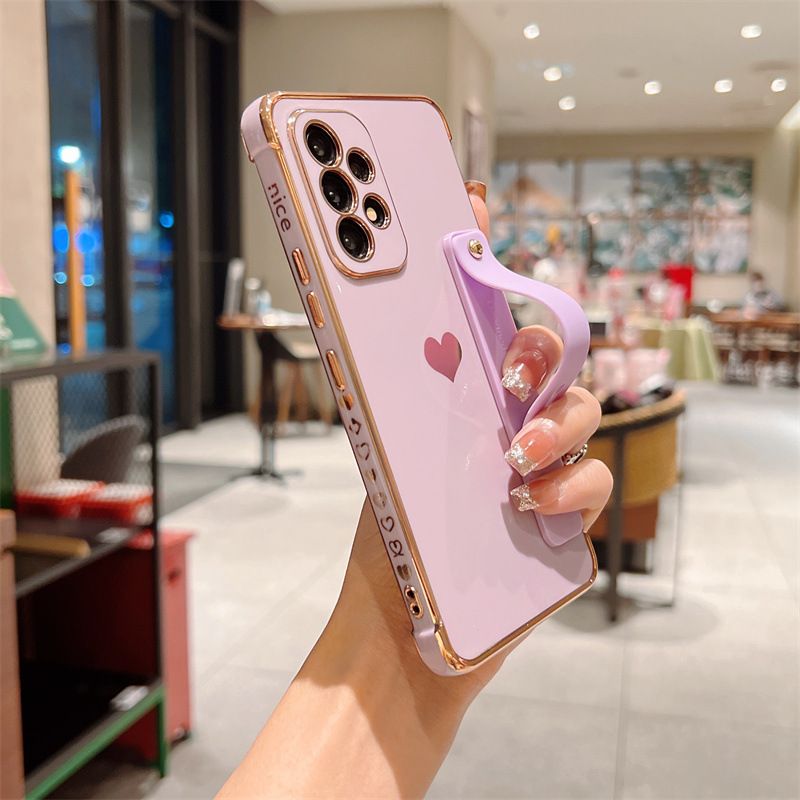 Samsung Galaxy A56 Phone Case A16 Cover Heart Electroplated Edge Phone Case with Wrist Strap Stand for Samsung S22 Full Cover Protective Case for A12/M12/F12 A13/A15 Galaxy S20 FE