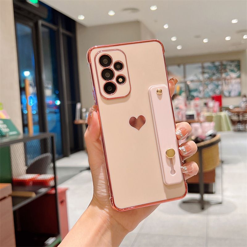 Samsung Galaxy A56 Phone Case A16 Cover Heart Electroplated Edge Phone Case with Wrist Strap Stand for Samsung S22 Full Cover Protective Case for A12/M12/F12 A13/A15 Galaxy S20 FE