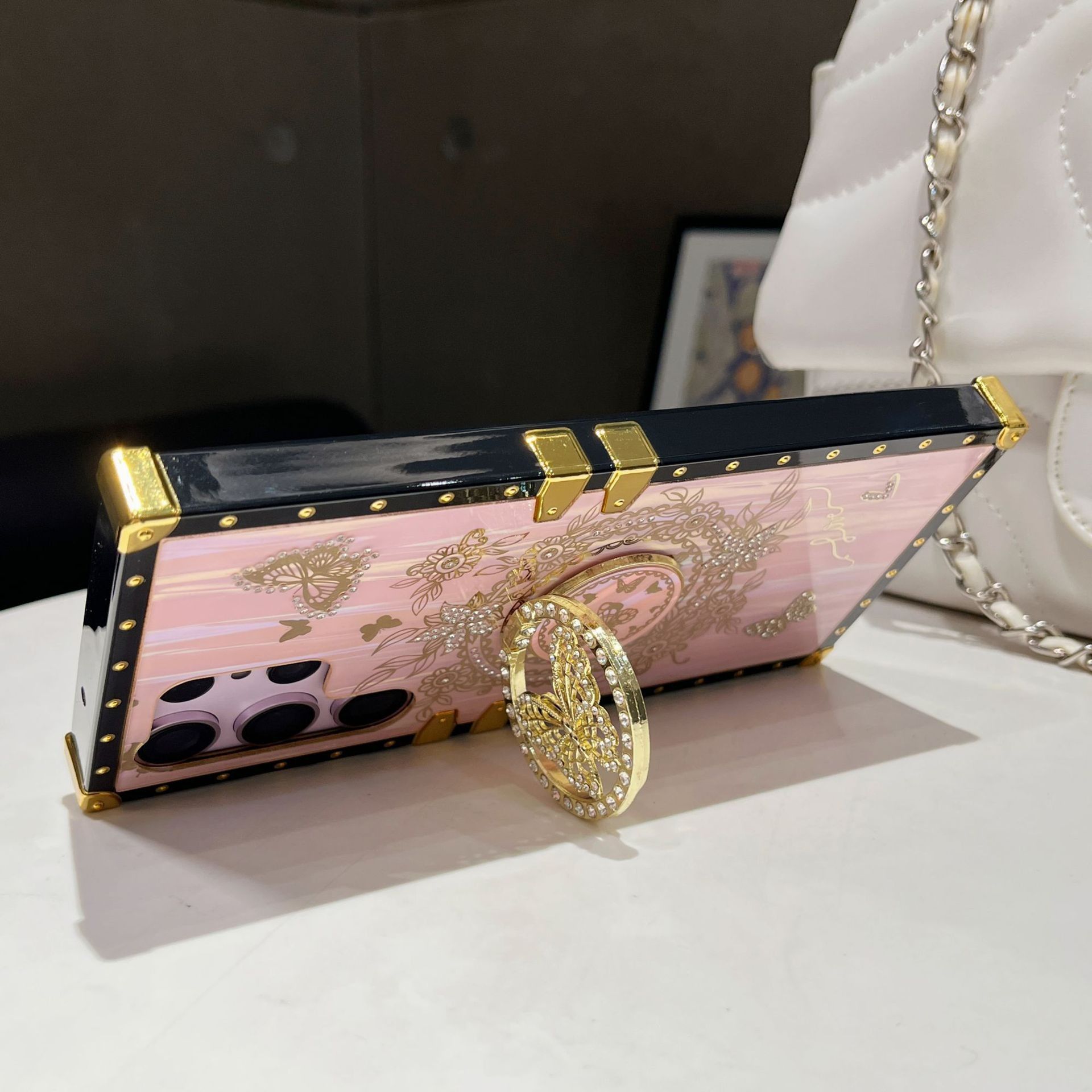 Samsung Galaxy A16 Cover Aurora Butterfly Ring Holder Phone Case for Samsung A15/S23FE / iPhone 12 Pro Flat Edge Stand Cover Shockproof Protective Case