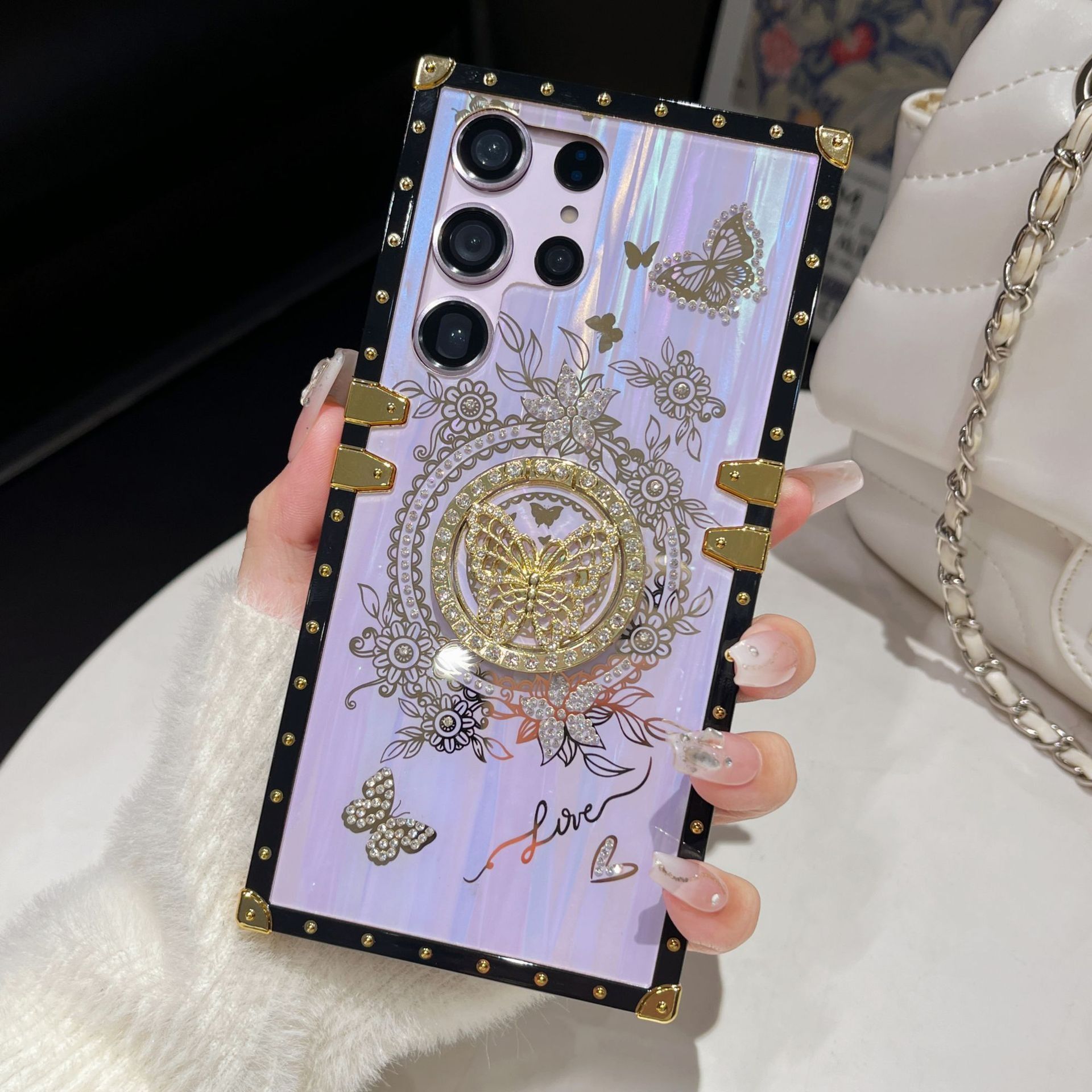 Samsung Galaxy A16 Cover Aurora Butterfly Ring Holder Phone Case for Samsung A15/S23FE / iPhone 12 Pro Flat Edge Stand Cover Shockproof Protective Case