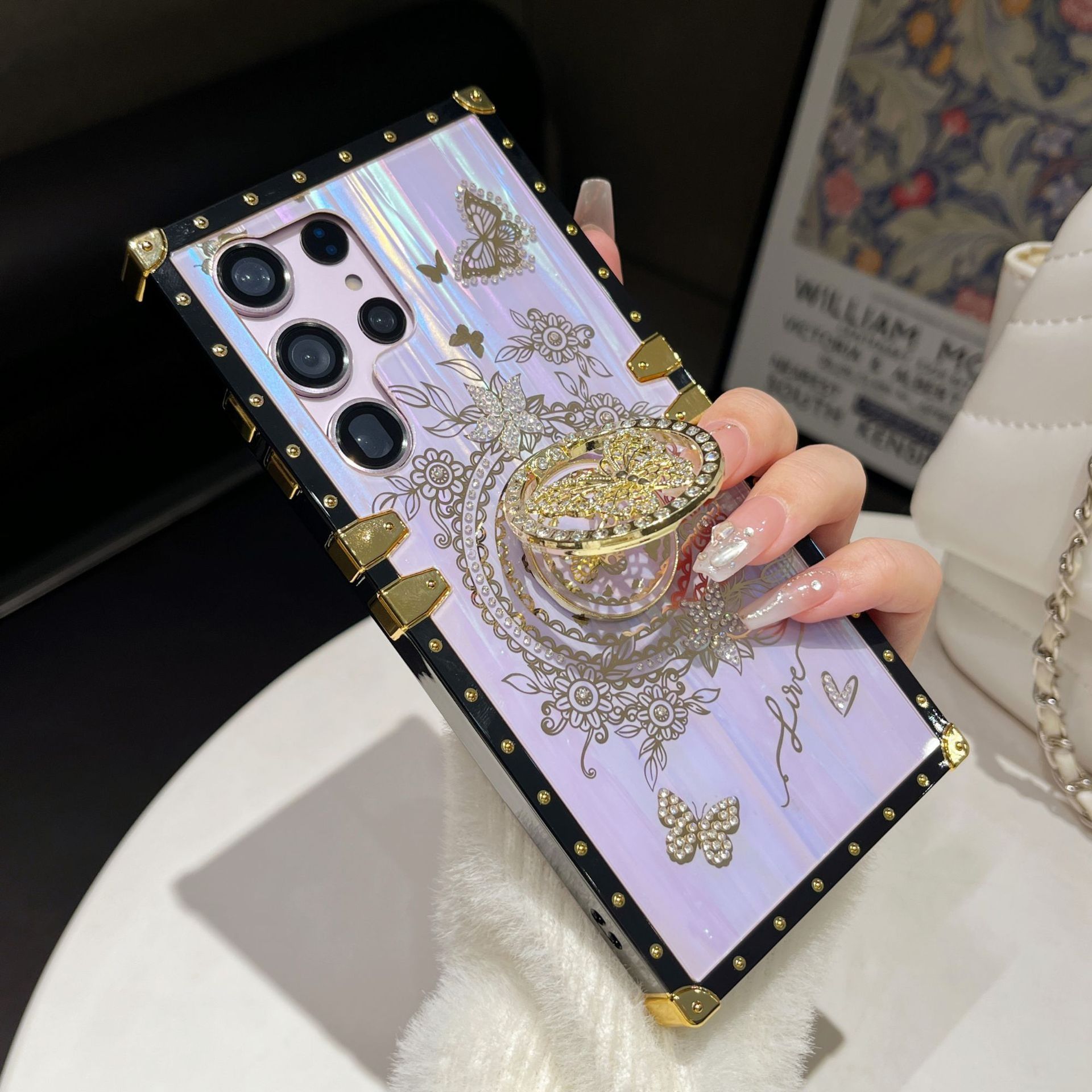 Samsung Galaxy A16 Cover Aurora Butterfly Ring Holder Phone Case for Samsung A15/S23FE / iPhone 12 Pro Flat Edge Stand Cover Shockproof Protective Case