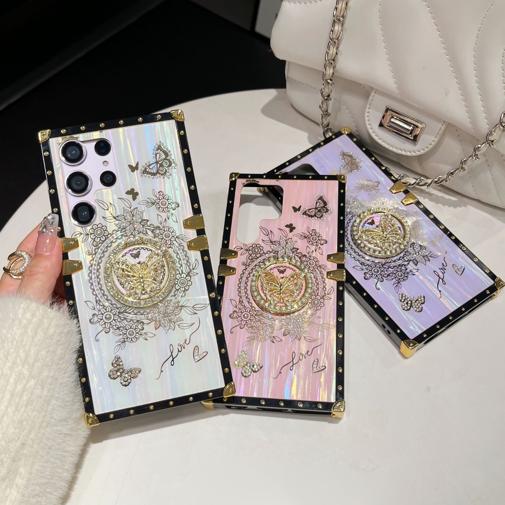 Samsung Galaxy A16 Cover Aurora Butterfly Ring Holder Phone Case for Samsung A15/S23FE / iPhone 12 Pro Flat Edge Stand Cover Shockproof Protective Case