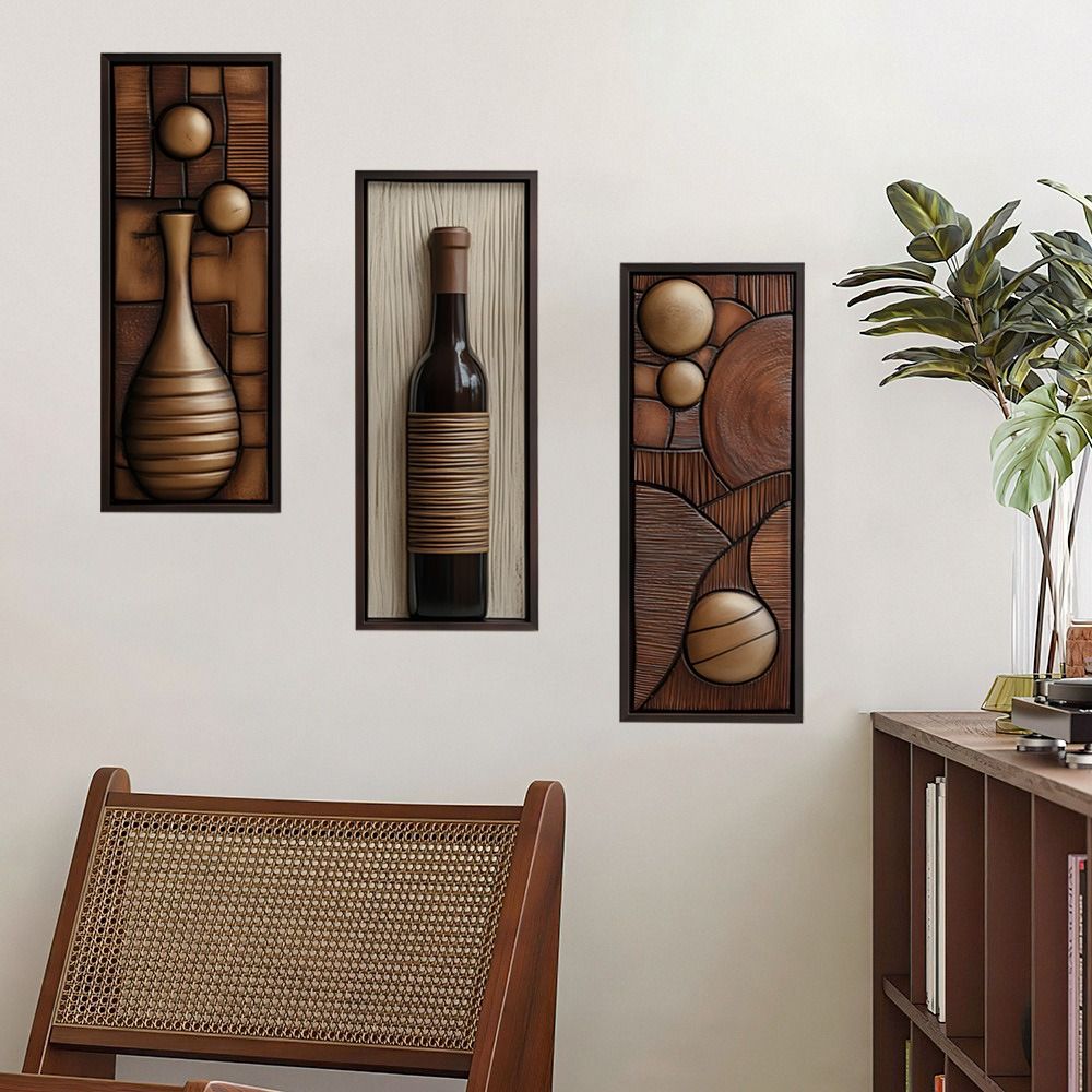 New PVC Wall Stickers Art Triple Panel Flower Vase & Wine Bottle Wall Decals Self-Adhesive Home Background Decoration for Living Room  Entryway & Hallway Home Decor Accents