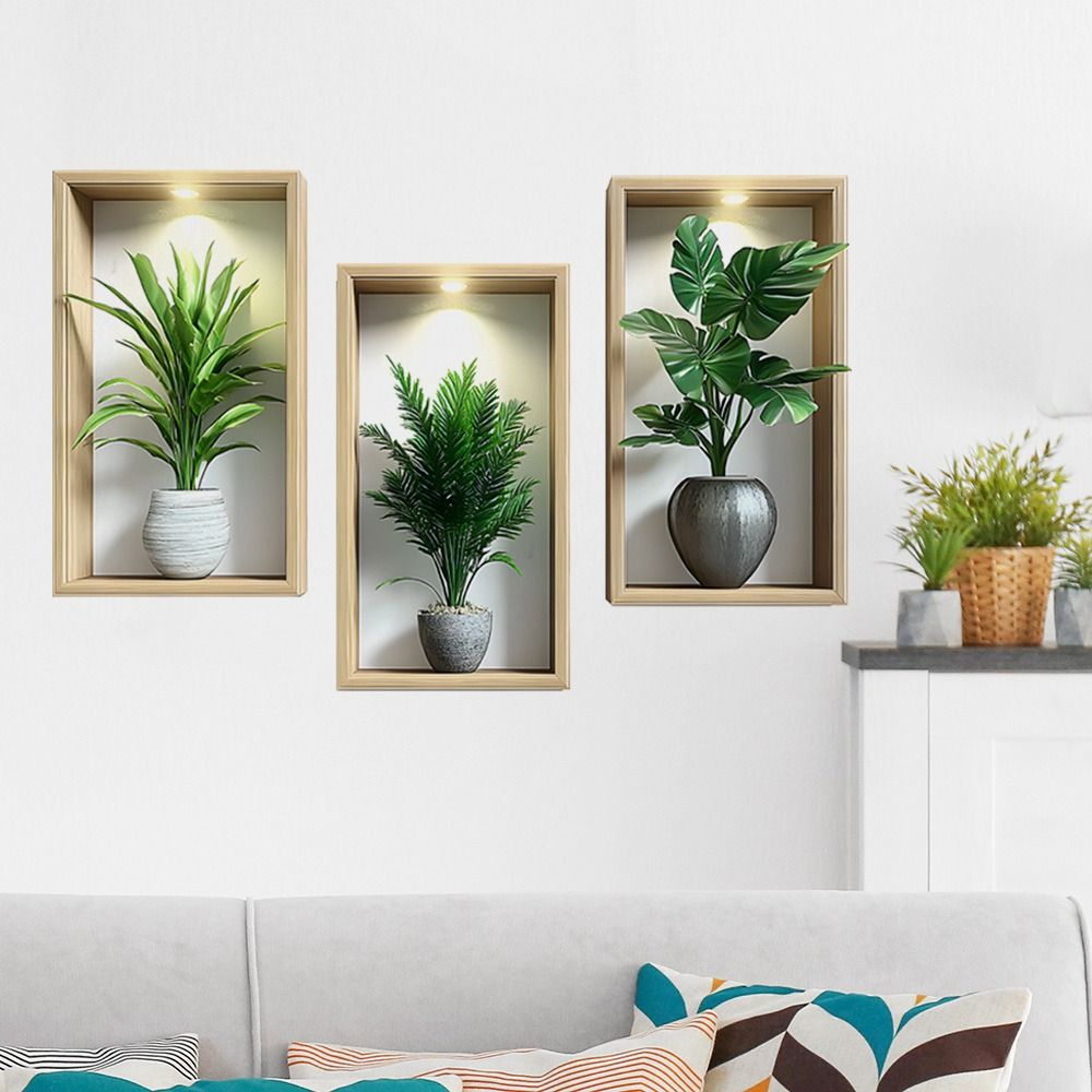 3D Realistic Green Plant Potted Triptych Wall Art Decals Faux Greenery Wall Stickers Set of 3 Self-Adhesive PVC Wall Decor for Living Room Bedroom Home Background Decoration