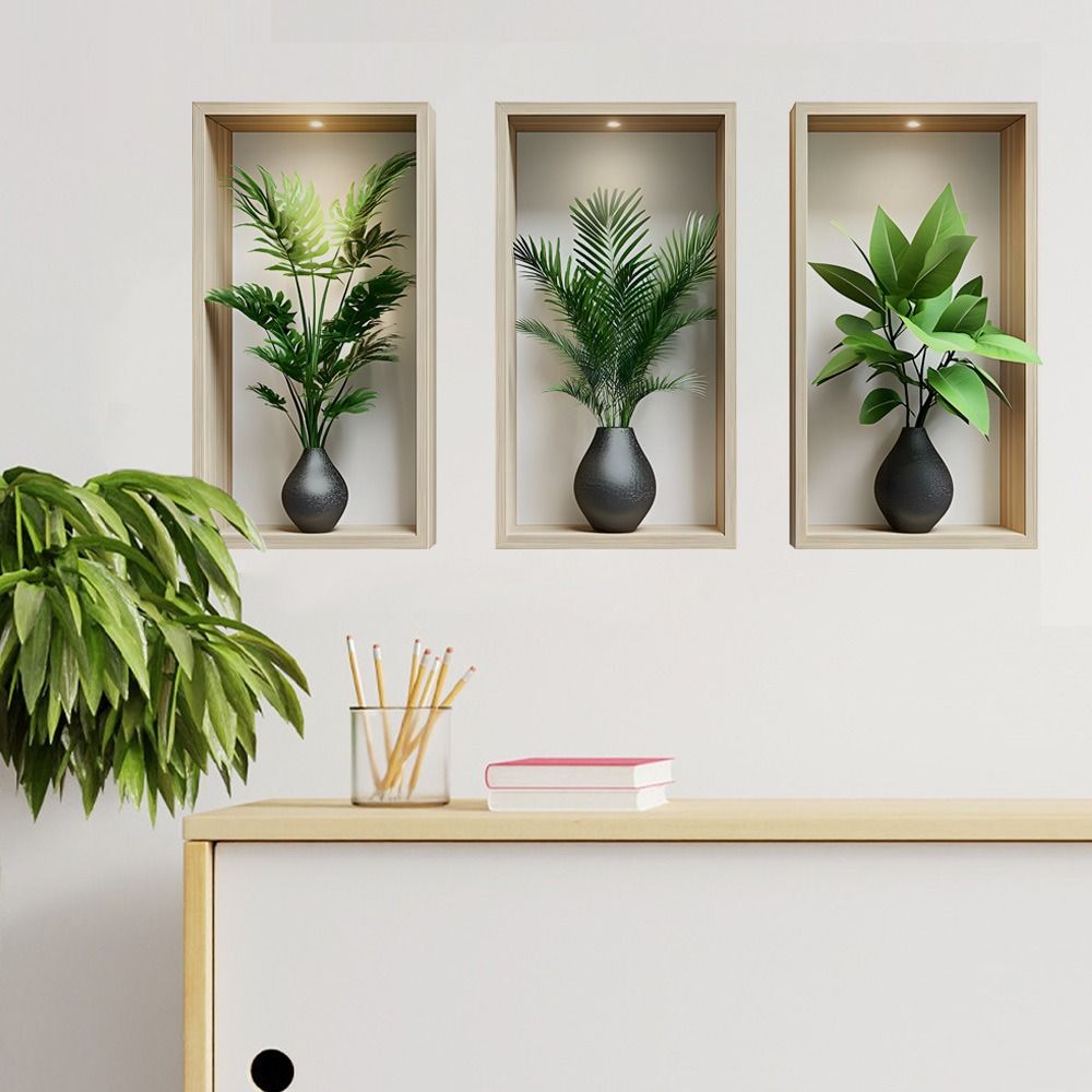 3D Realistic Green Plant Potted Triptych Wall Art Decals Faux Greenery Wall Stickers Set of 3 Self-Adhesive PVC Wall Decor for Living Room Bedroom Home Background Decoration