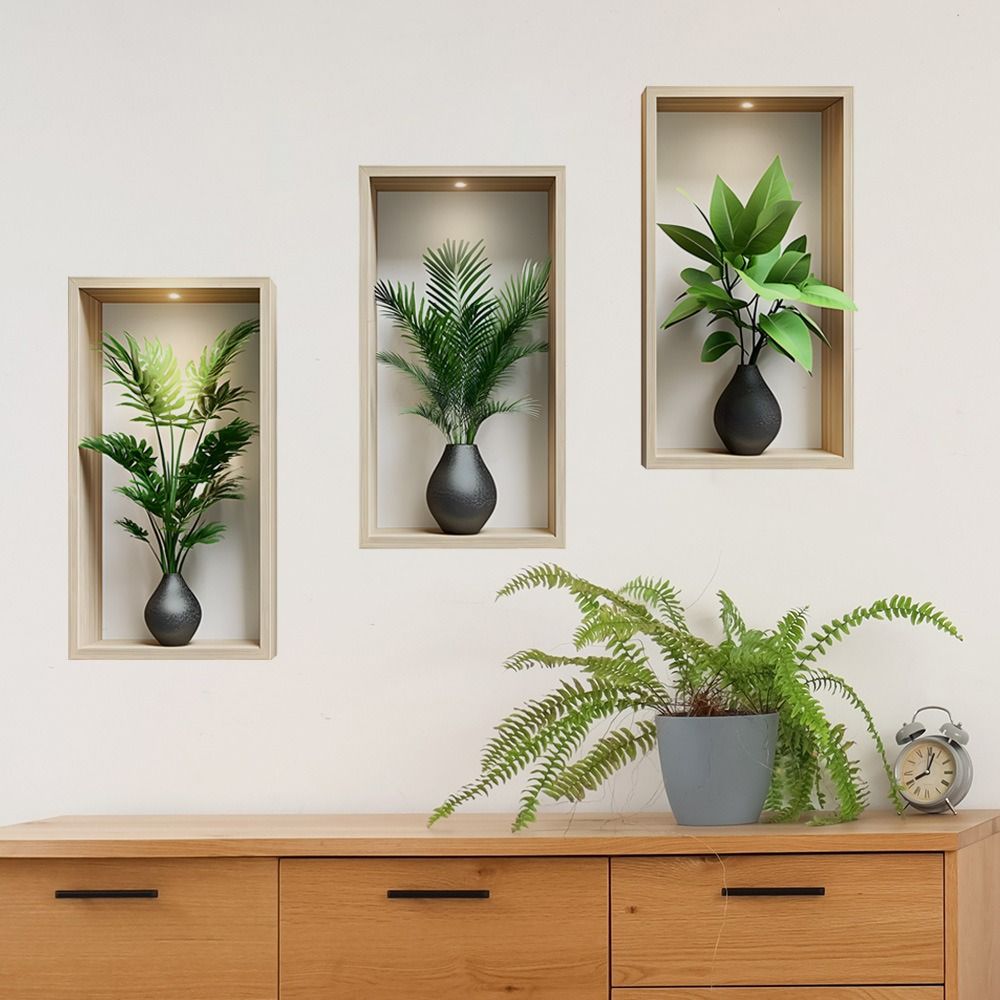 3D Realistic Green Plant Potted Triptych Wall Art Decals Faux Greenery Wall Stickers Set of 3 Self-Adhesive PVC Wall Decor for Living Room Bedroom Home Background Decoration
