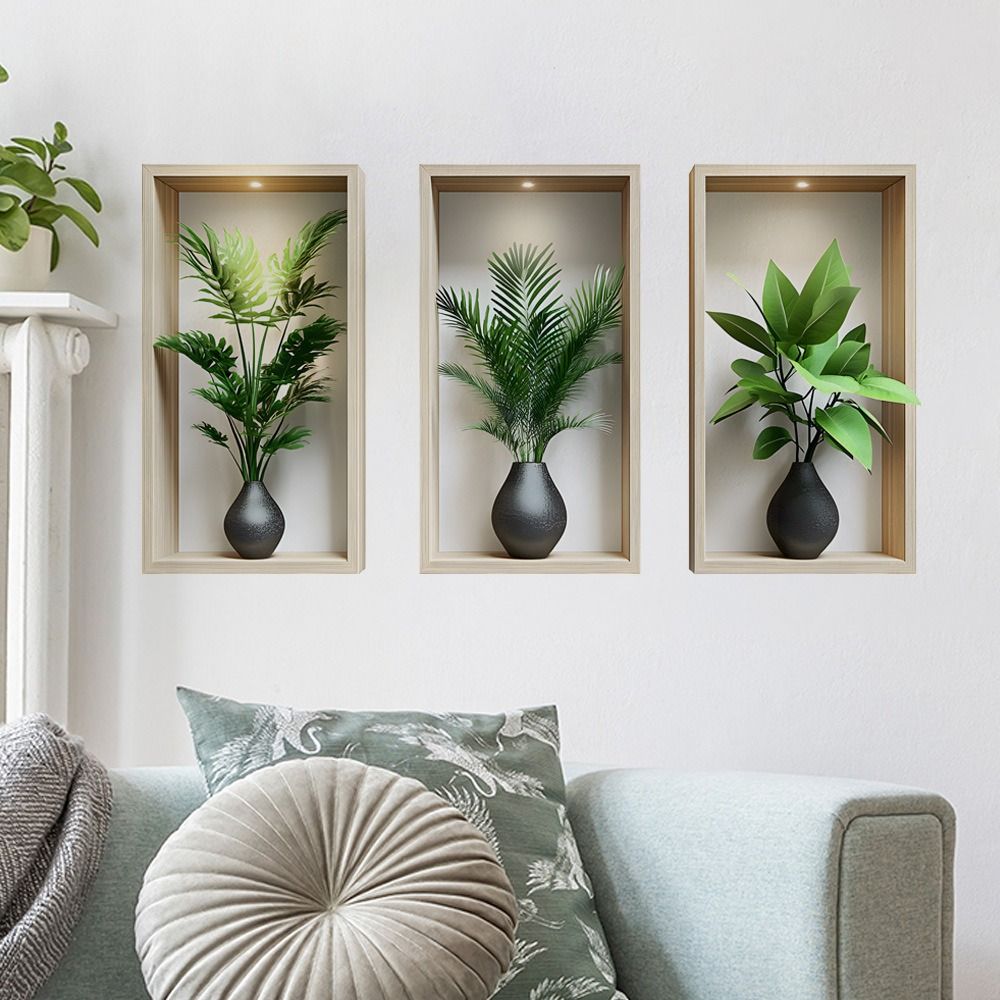 3D Realistic Green Plant Potted Triptych Wall Art Decals Faux Greenery Wall Stickers Set of 3 Self-Adhesive PVC Wall Decor for Living Room Bedroom Home Background Decoration