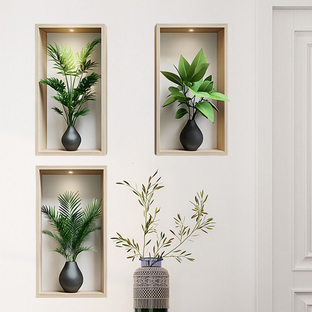 3D Realistic Green Plant Potted Triptych Wall Art Decals Faux Greenery Wall Stickers Set of 3 Self-Adhesive PVC Wall Decor for Living Room Bedroom Home Background Decoration