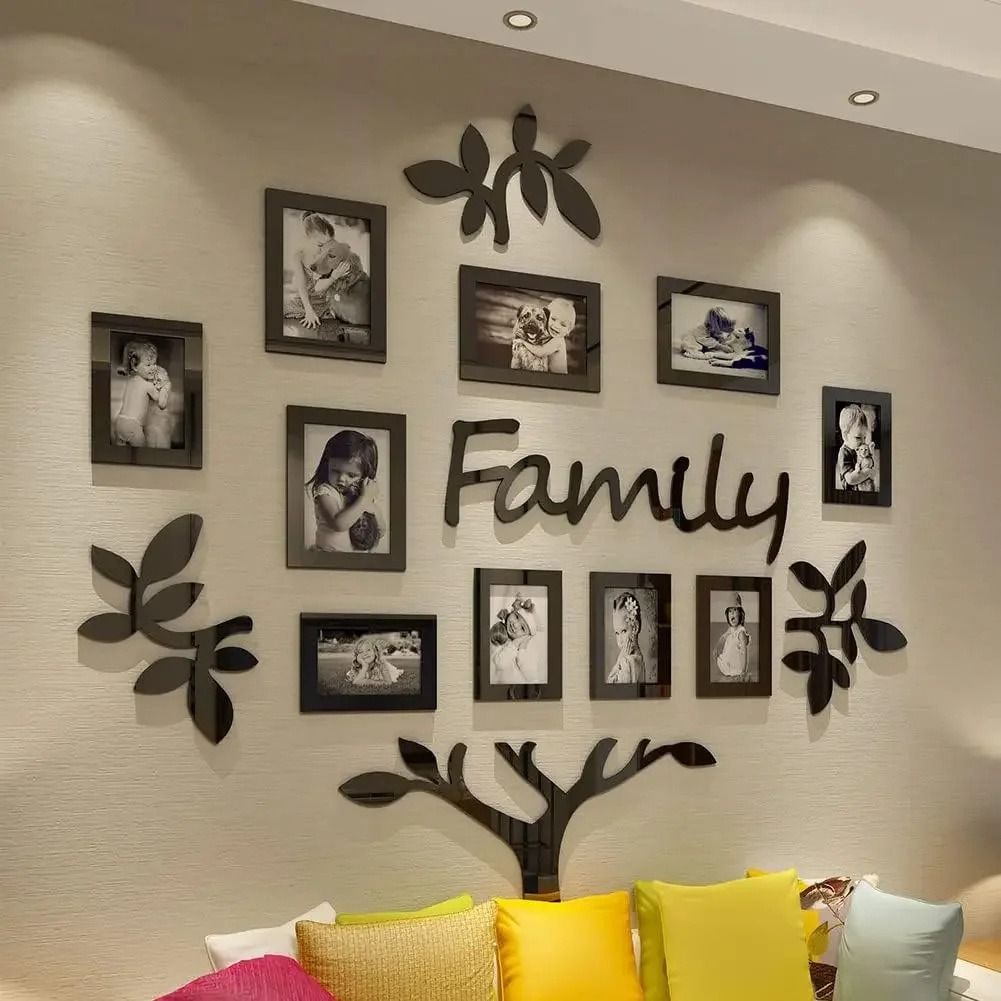 10 Frames Family Tree Acrylic Wall Stickers DIY Photo Frame Wall Decor “Family” Quote Tree Wall Art for Living Room Bedroom Sofa Background Decoration