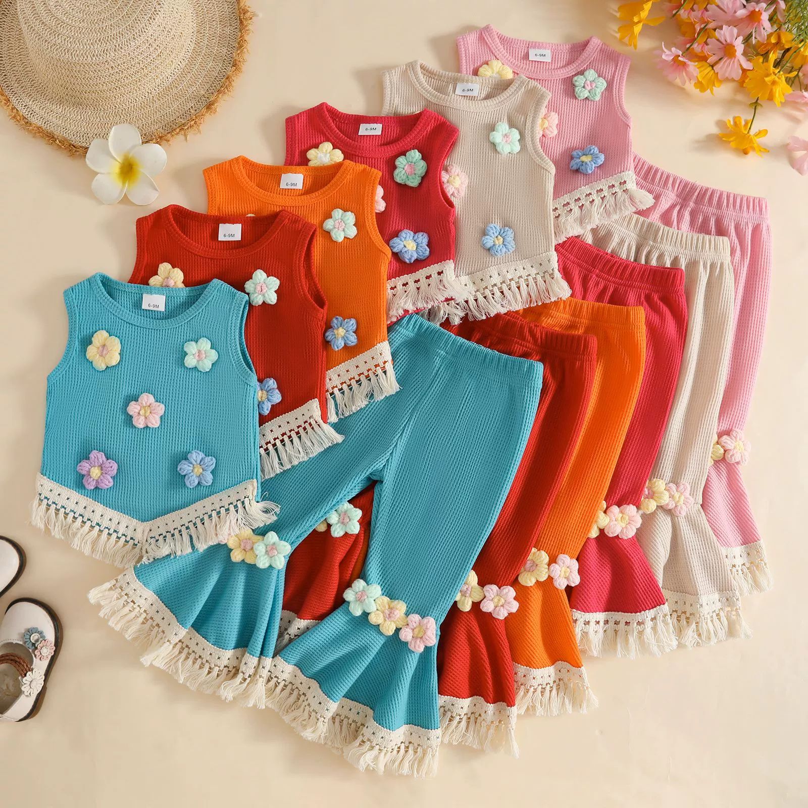 Girls Summer Waffle Knit Outfit Set Kids Sleeveless Crochet Flower Tassel Vest Top and Flared Long Pants, Cute Fashion Two Piece Clothing Set for Girls