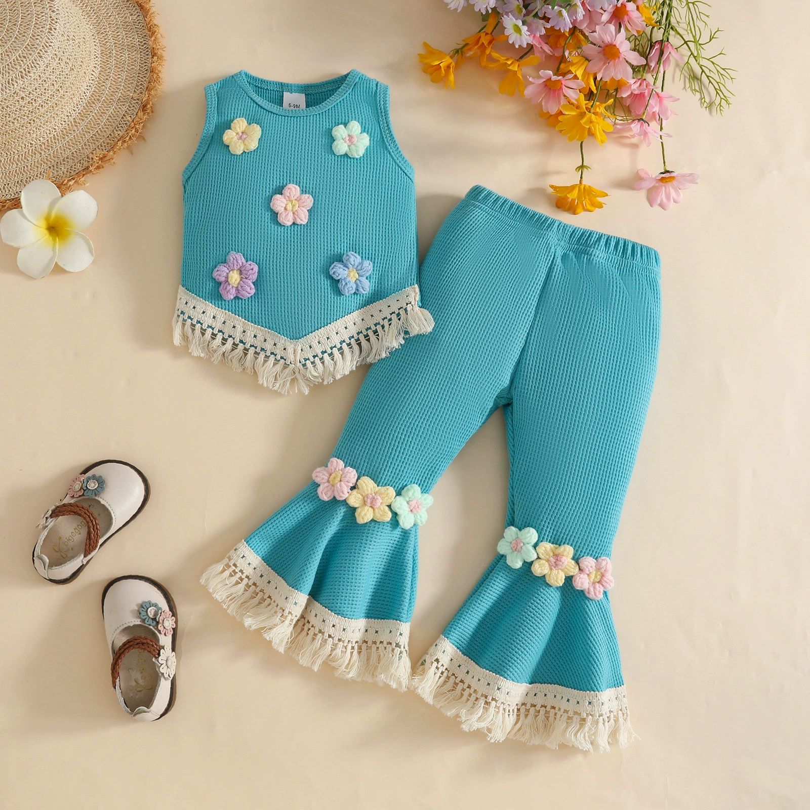 Girls Summer Waffle Knit Outfit Set Kids Sleeveless Crochet Flower Tassel Vest Top and Flared Long Pants, Cute Fashion Two Piece Clothing Set for Girls