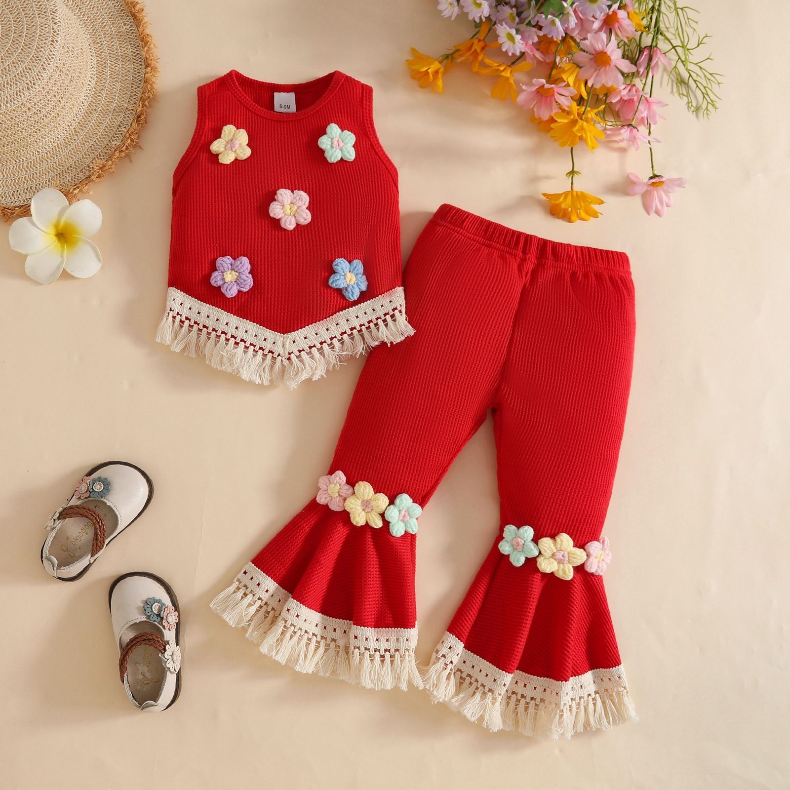 Girls Summer Waffle Knit Outfit Set Kids Sleeveless Crochet Flower Tassel Vest Top and Flared Long Pants, Cute Fashion Two Piece Clothing Set for Girls