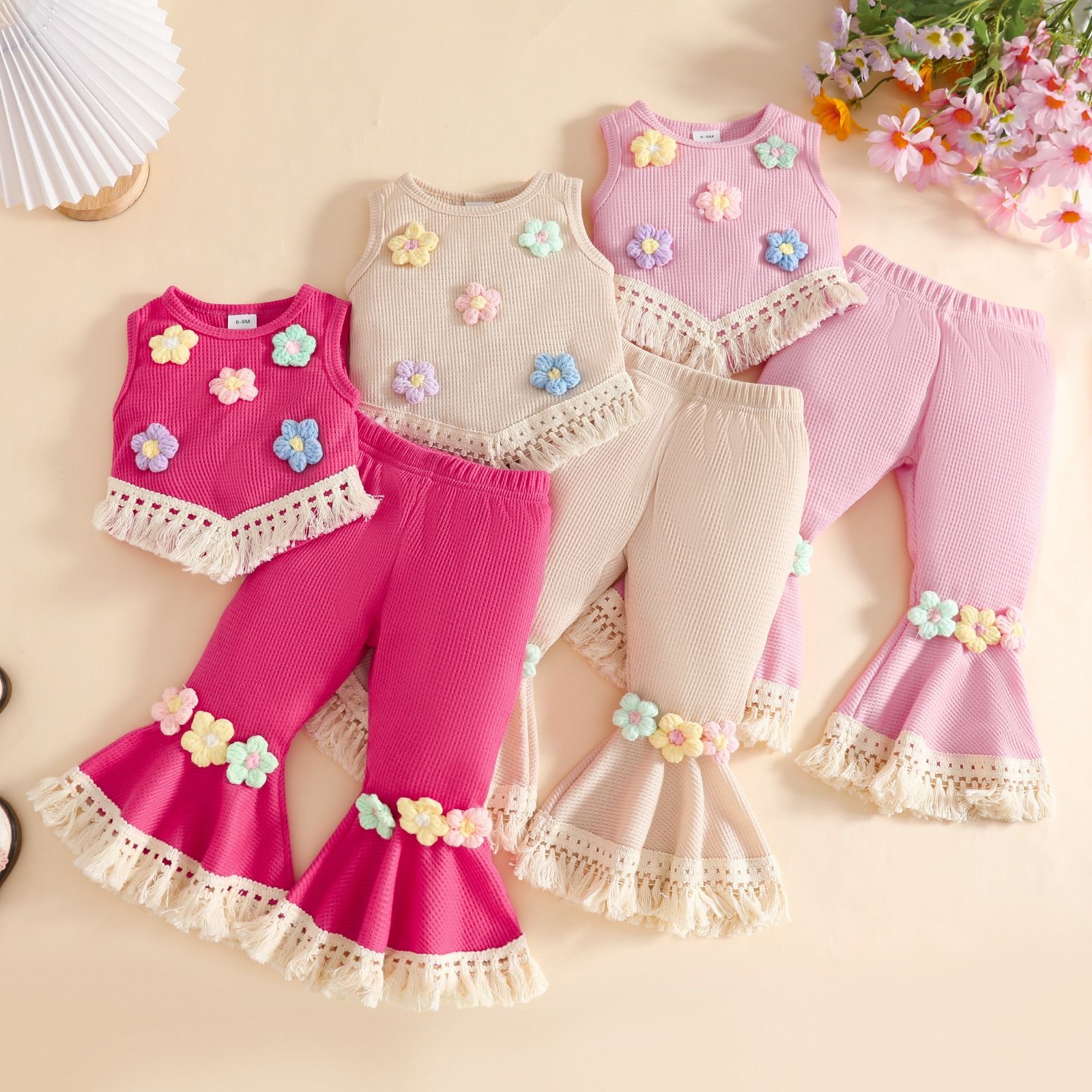 Girls Summer Waffle Knit Outfit Set Kids Sleeveless Crochet Flower Tassel Vest Top and Flared Long Pants, Cute Fashion Two Piece Clothing Set for Girls