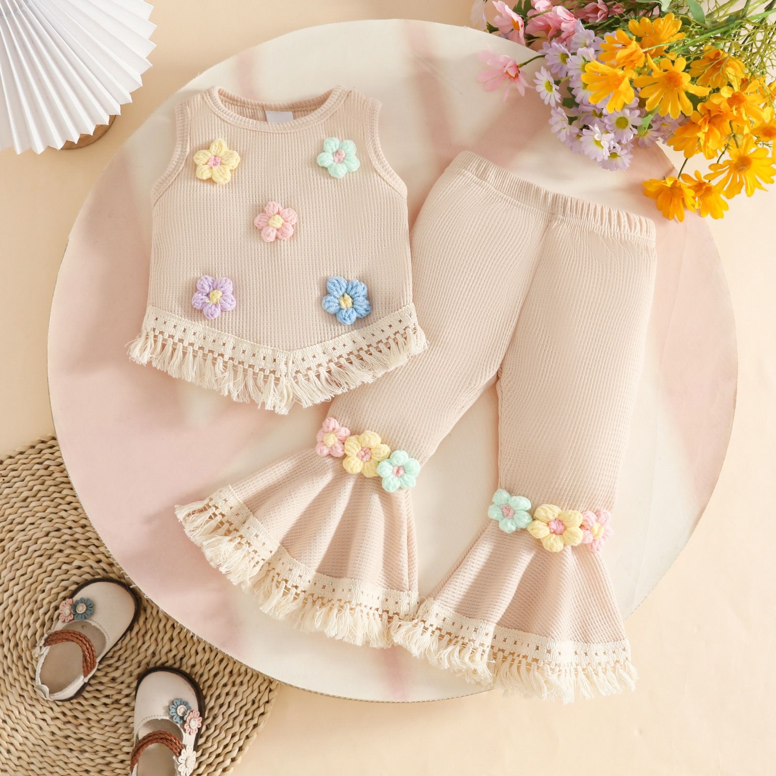 Girls Summer Waffle Knit Outfit Set Kids Sleeveless Crochet Flower Tassel Vest Top and Flared Long Pants, Cute Fashion Two Piece Clothing Set for Girls