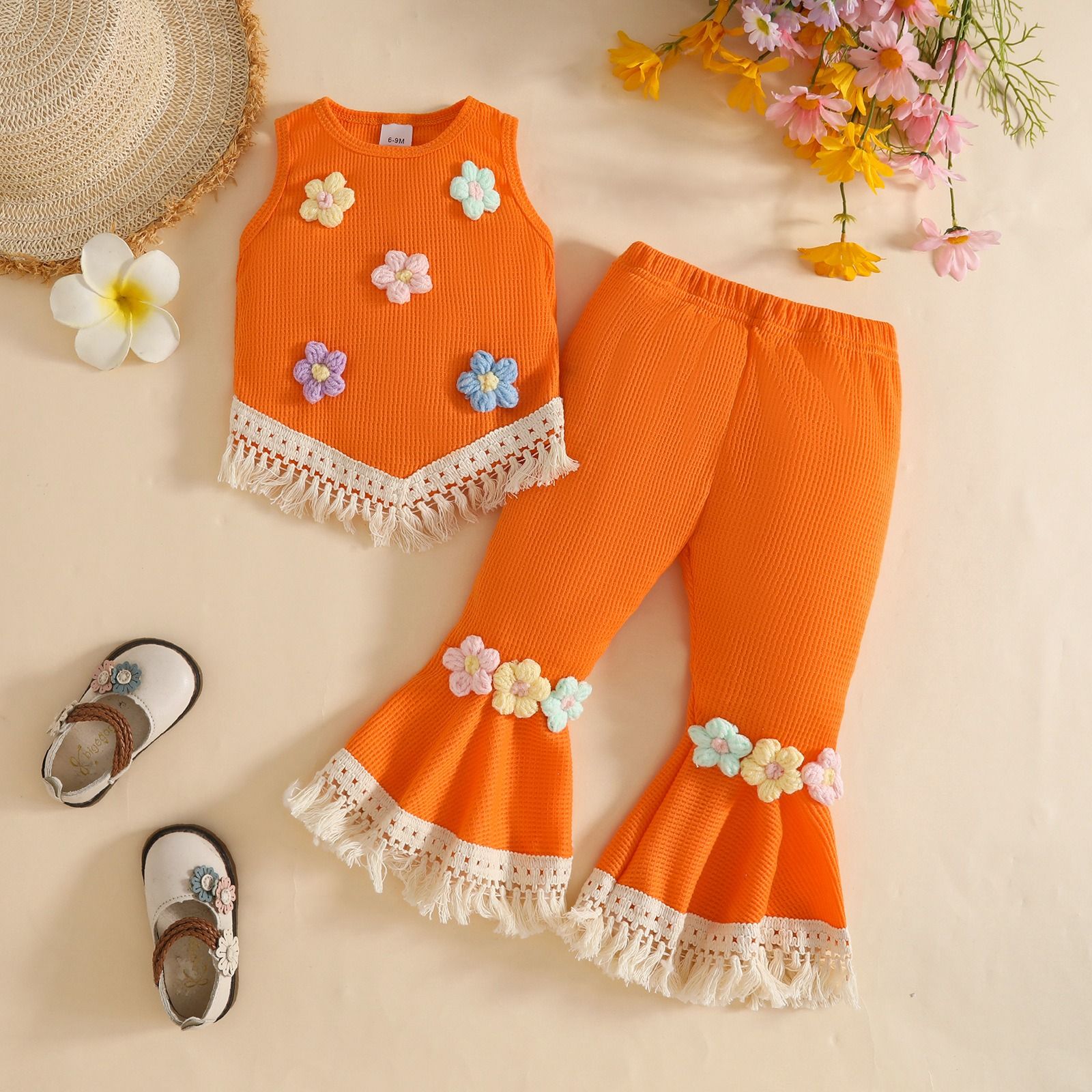 Girls Summer Waffle Knit Outfit Set Kids Sleeveless Crochet Flower Tassel Vest Top and Flared Long Pants, Cute Fashion Two Piece Clothing Set for Girls
