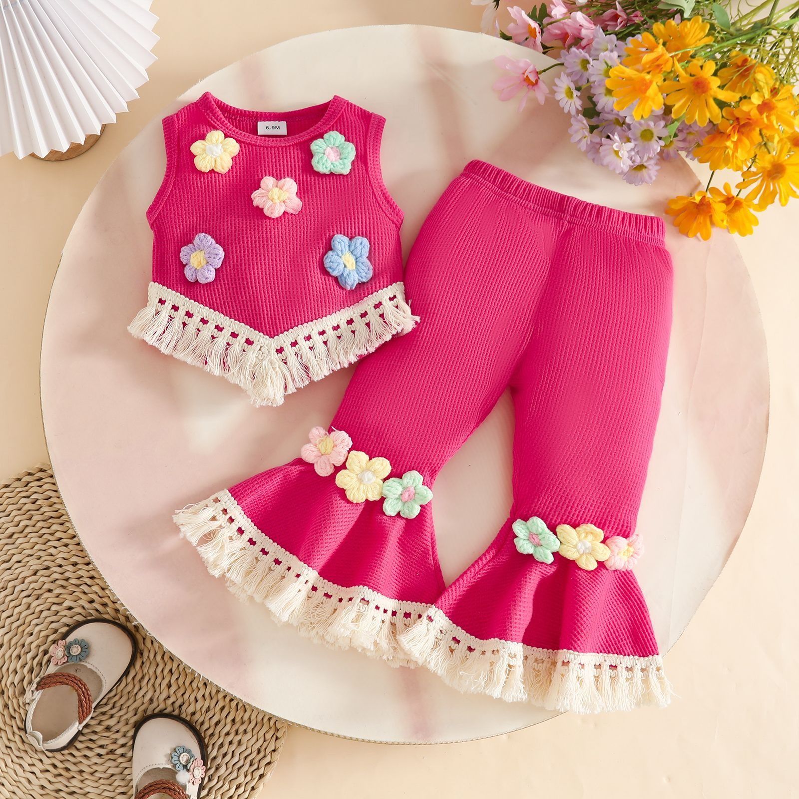 Girls Summer Waffle Knit Outfit Set Kids Sleeveless Crochet Flower Tassel Vest Top and Flared Long Pants, Cute Fashion Two Piece Clothing Set for Girls