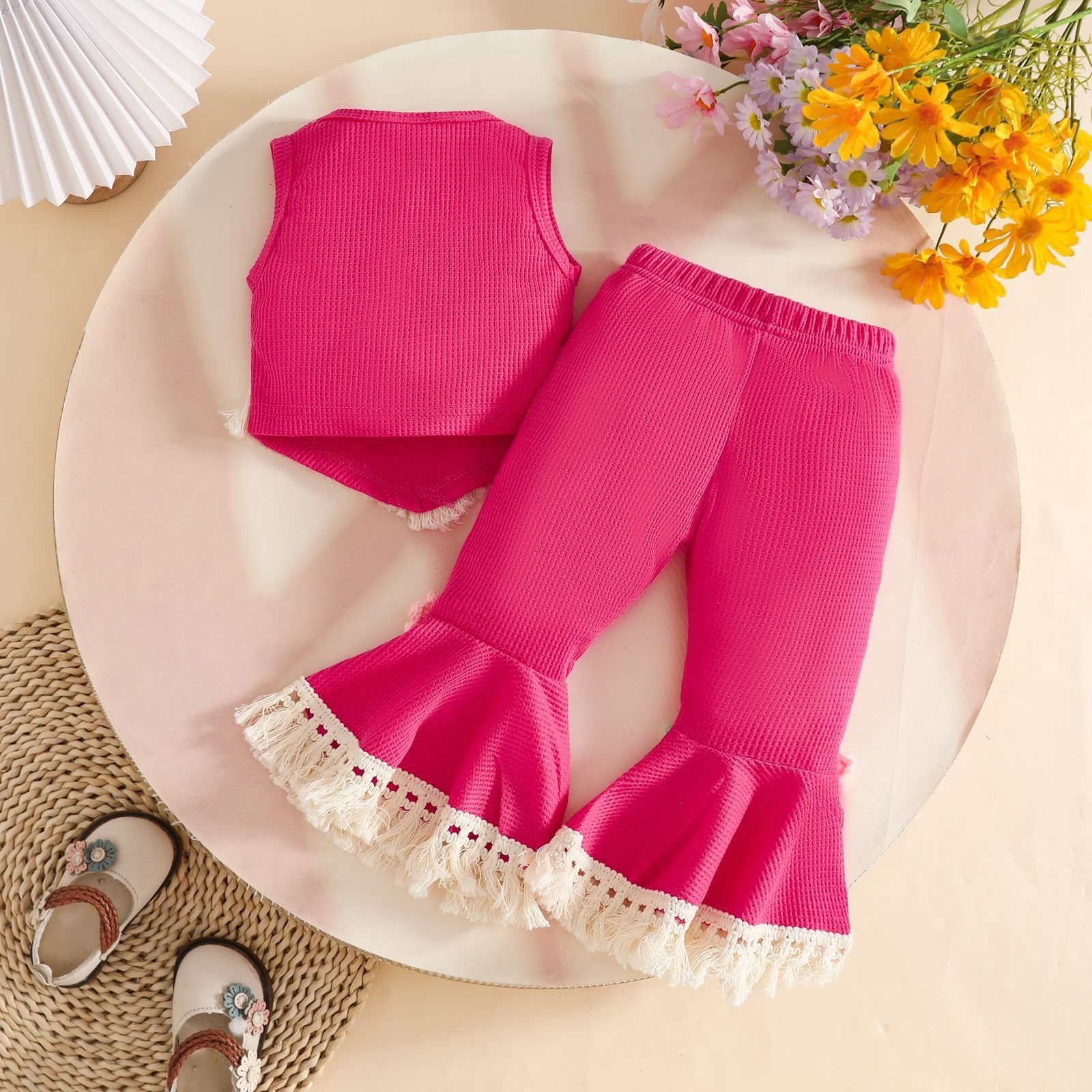Girls Summer Waffle Knit Outfit Set Kids Sleeveless Crochet Flower Tassel Vest Top and Flared Long Pants, Cute Fashion Two Piece Clothing Set for Girls