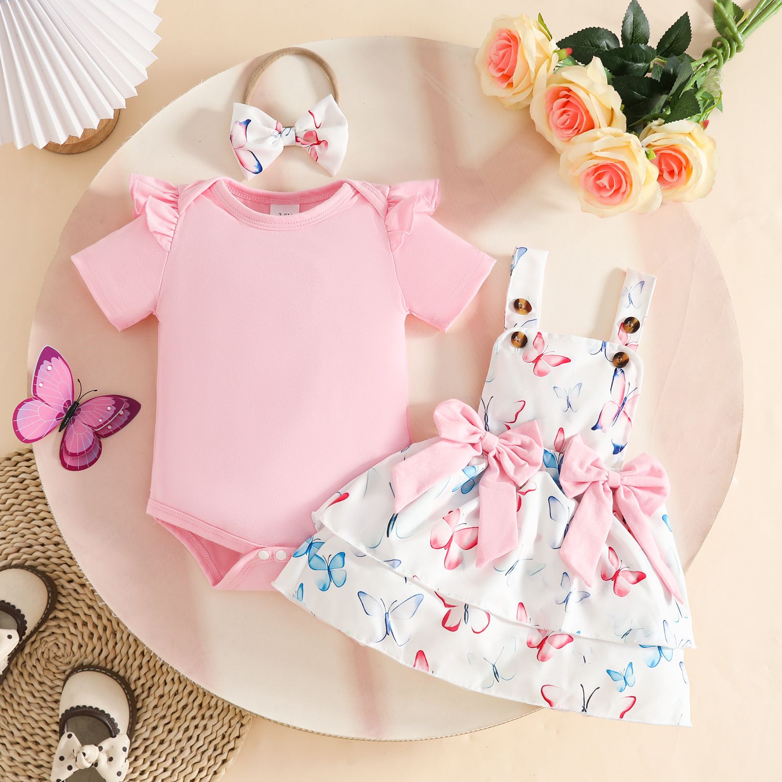 3Pcs Baby Girl Outfit Set Summer Short Sleeve Romper Bow Suspender Dress Headband Cute Flower Bee Print Baby Girl Clothes