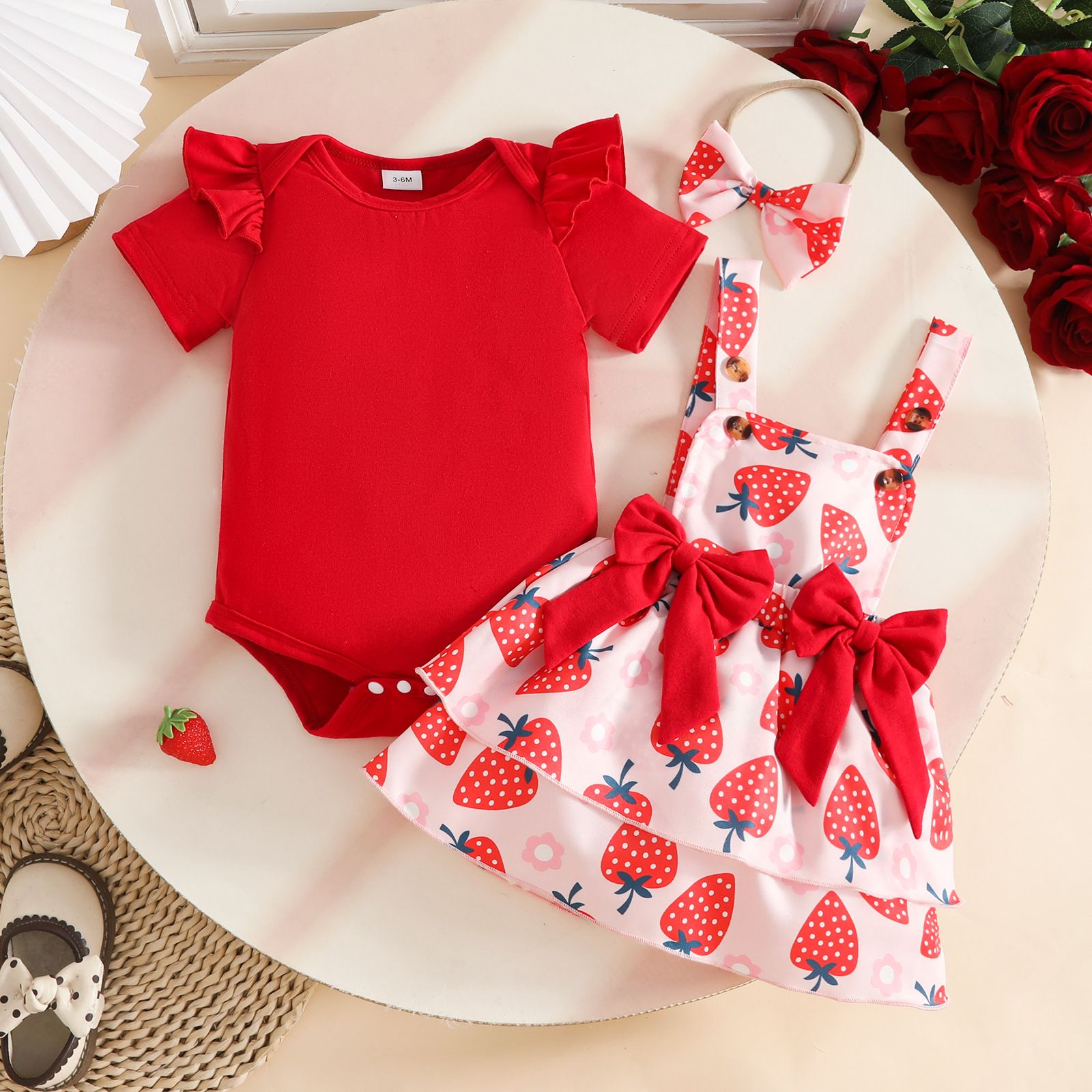 3Pcs Baby Girl Outfit Set Summer Short Sleeve Romper Bow Suspender Dress Headband Cute Flower Bee Print Baby Girl Clothes