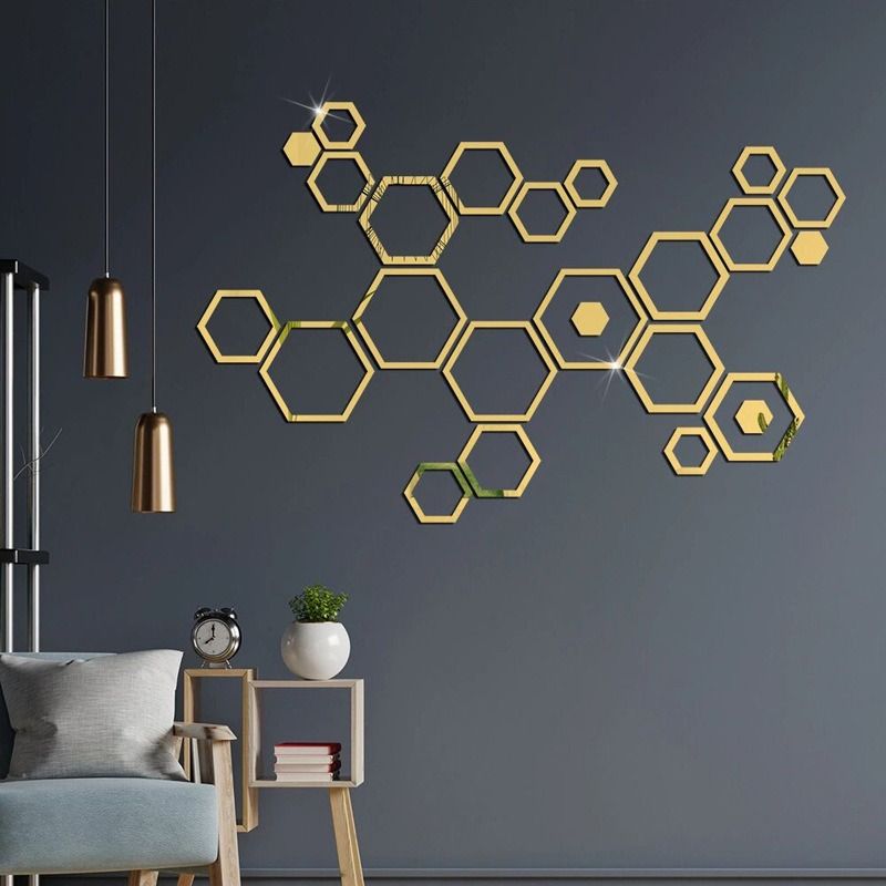 24PCS Hexagon Acrylic Mirror Wall Stickers Hollow Frame DIY Wall Decor Mirror Stickers for Living Room Bedroom Sofa Background Stickers