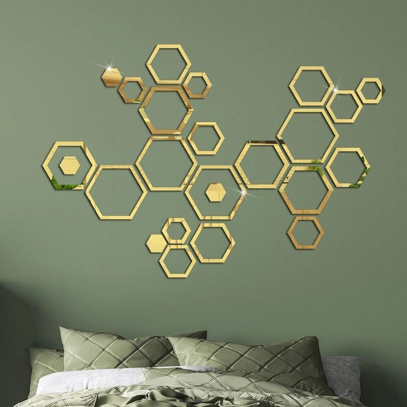 24PCS Hexagon Acrylic Mirror Wall Stickers Hollow Frame DIY Wall Decor Mirror Stickers for Living Room Bedroom Sofa Background Stickers