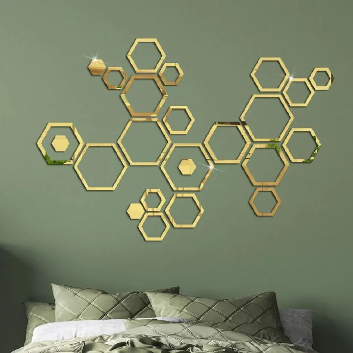 24PCS Hexagon Acrylic Mirror Wall Stickers Hollow Frame DIY Wall Decor Mirror Stickers for Living Room Bedroom Sofa Background Stickers