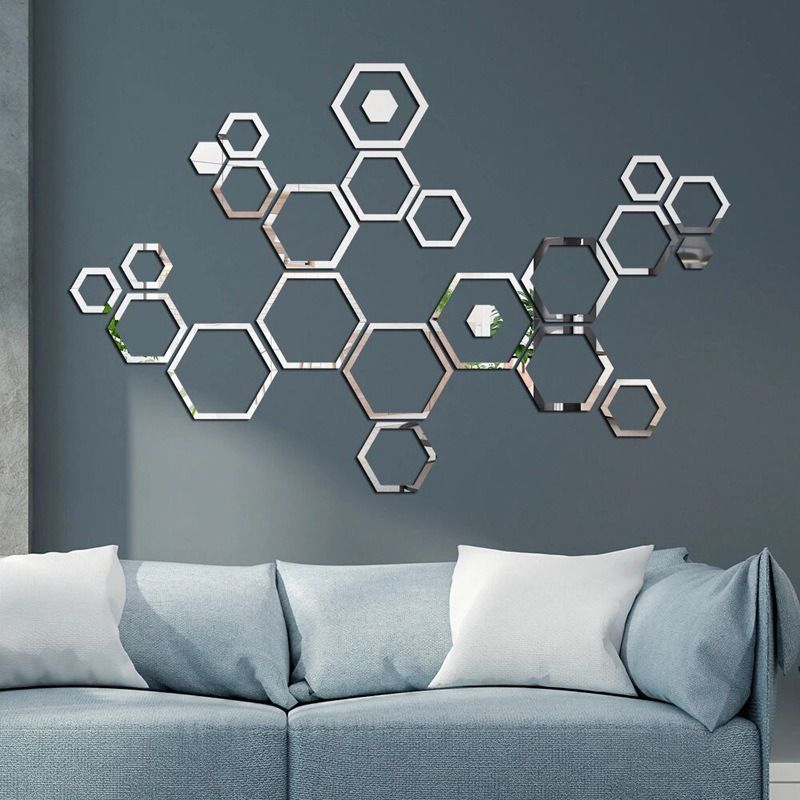 24PCS Hexagon Acrylic Mirror Wall Stickers Hollow Frame DIY Wall Decor Mirror Stickers for Living Room Bedroom Sofa Background Stickers