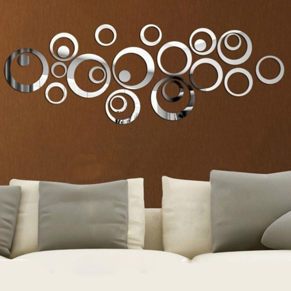 24PCS 3D Round Acrylic Mirror Wall Stickers Circle Ring DIY Wall Decor Mirror Stickers for Living Room Bedroom TV Background Stickers Modern Home Decoration Idea
