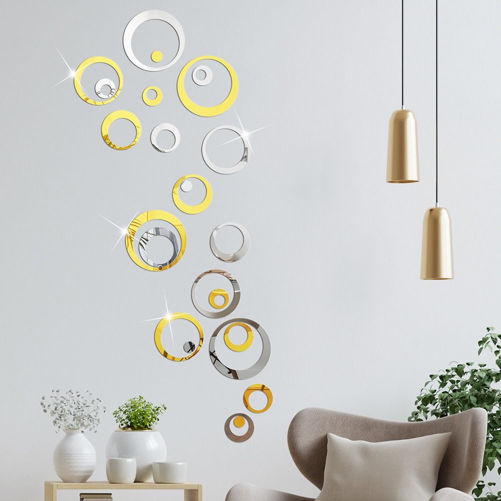 24PCS 3D Round Acrylic Mirror Wall Stickers Circle Ring DIY Wall Decor Mirror Stickers for Living Room Bedroom TV Background Stickers Modern Home Decoration Idea