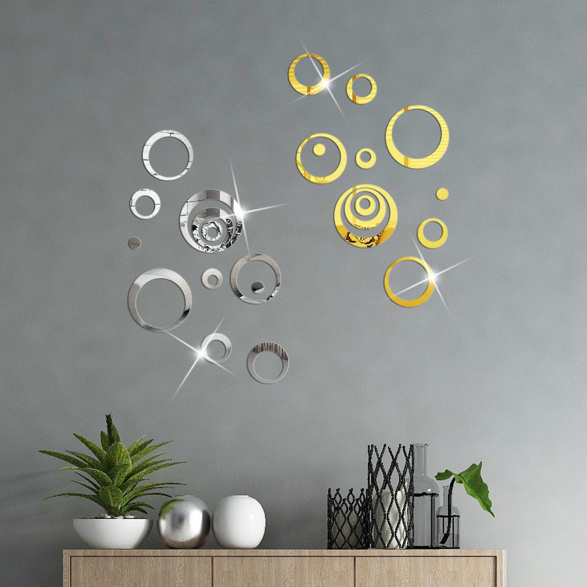 24PCS 3D Round Acrylic Mirror Wall Stickers Circle Ring DIY Wall Decor Mirror Stickers for Living Room Bedroom TV Background Stickers Modern Home Decoration Idea