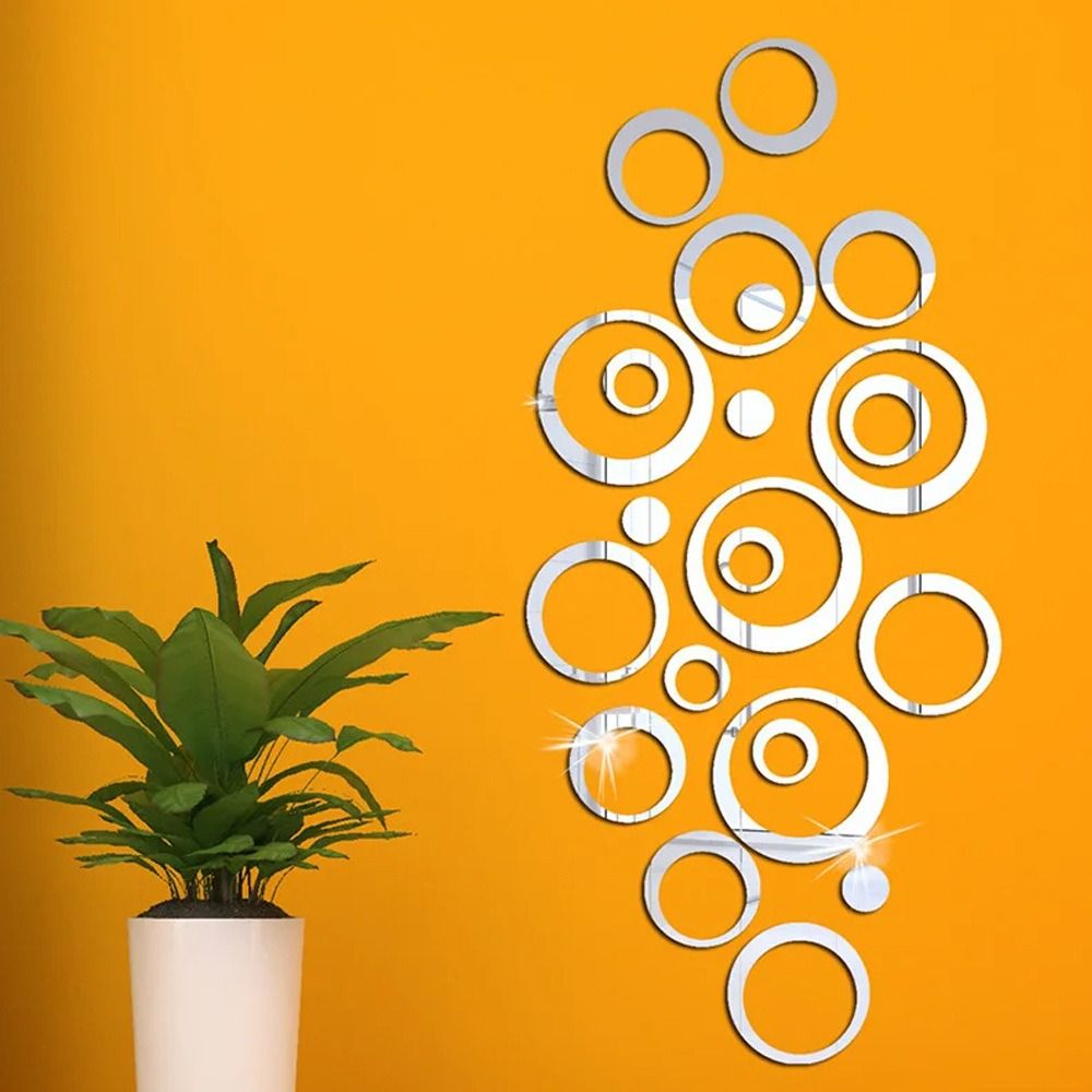 24PCS 3D Round Acrylic Mirror Wall Stickers Circle Ring DIY Wall Decor Mirror Stickers for Living Room Bedroom TV Background Stickers Modern Home Decoration Idea