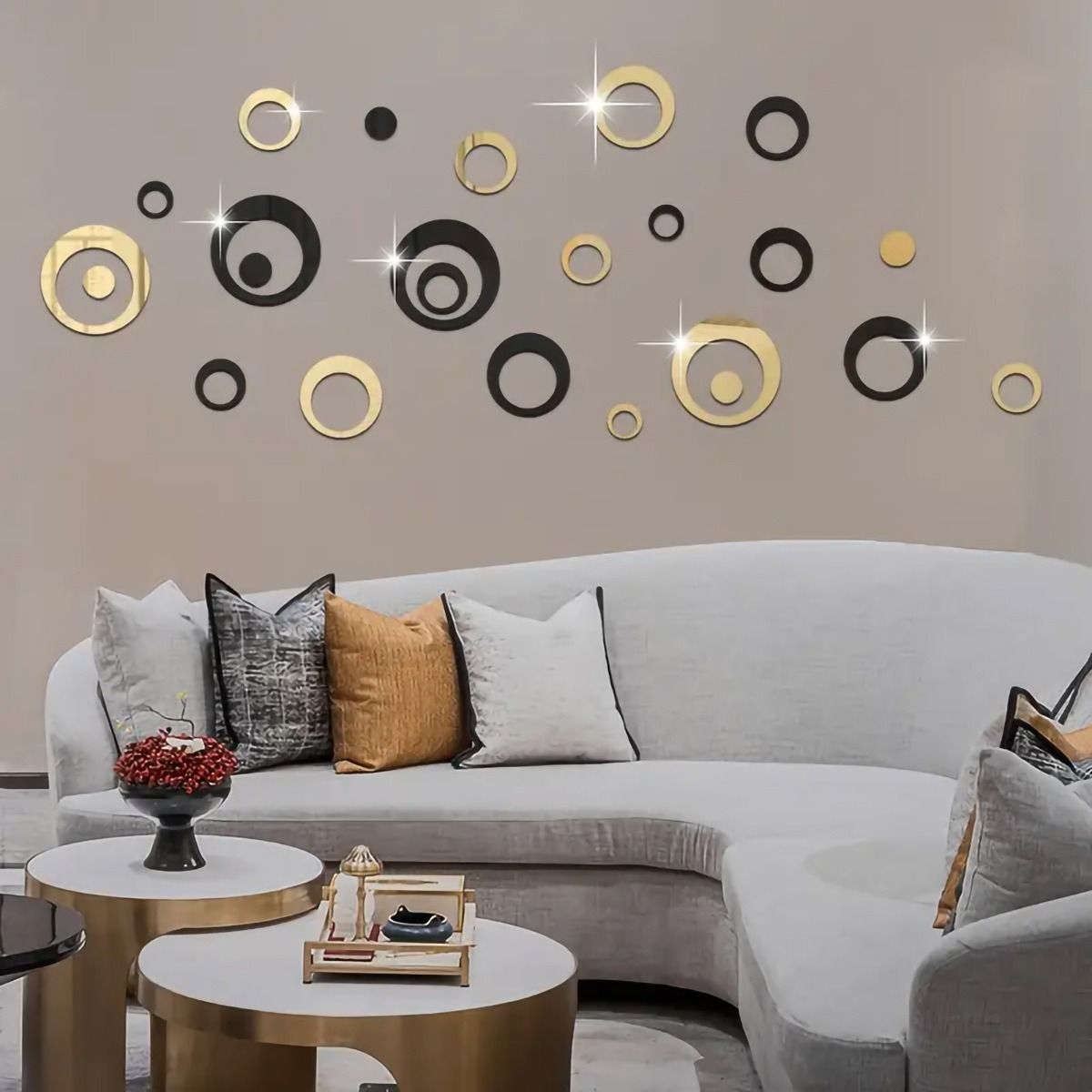 24PCS 3D Round Acrylic Mirror Wall Stickers Circle Ring DIY Wall Decor Mirror Stickers for Living Room Bedroom TV Background Stickers Modern Home Decoration Idea