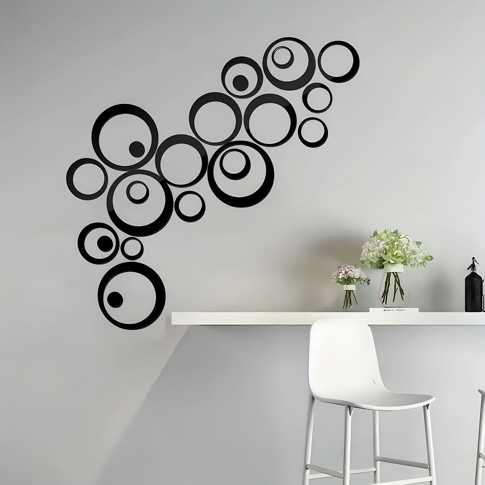 24PCS 3D Round Acrylic Mirror Wall Stickers Circle Ring DIY Wall Decor Mirror Stickers for Living Room Bedroom TV Background Stickers Modern Home Decoration Idea