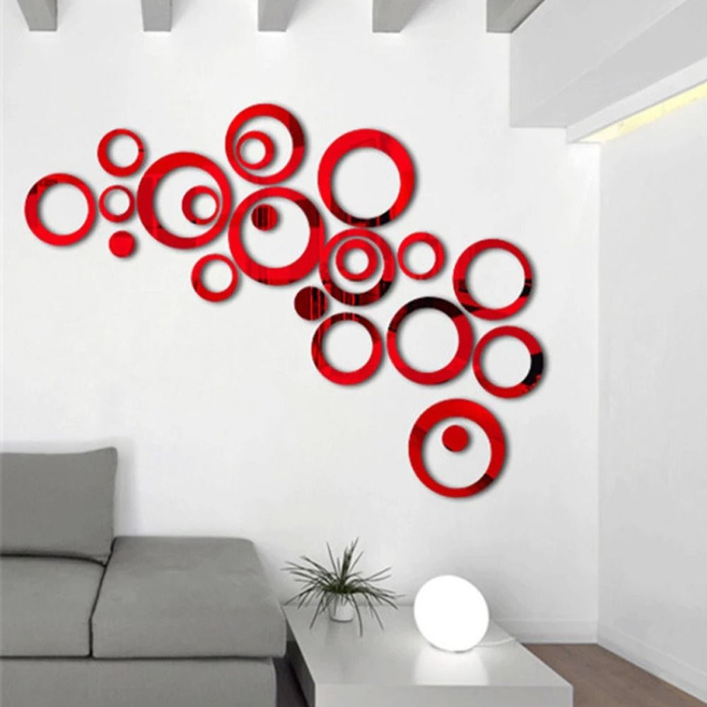 24PCS 3D Round Acrylic Mirror Wall Stickers Circle Ring DIY Wall Decor Mirror Stickers for Living Room Bedroom TV Background Stickers Modern Home Decoration Idea