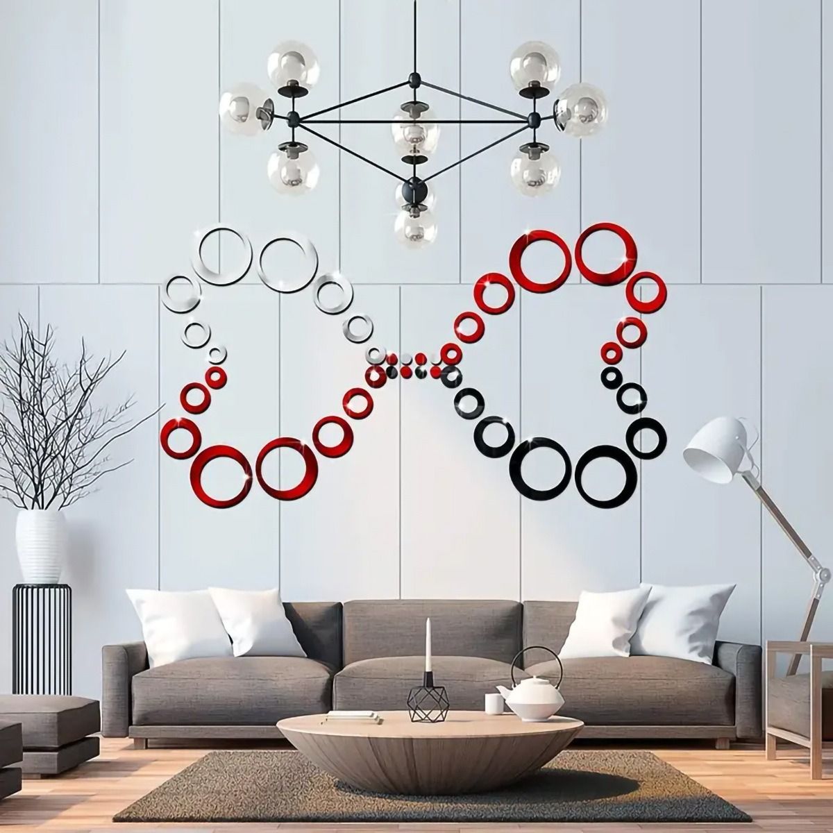 24PCS 3D Round Acrylic Mirror Wall Stickers Circle Ring DIY Wall Decor Mirror Stickers for Living Room Bedroom TV Background Stickers Modern Home Decoration Idea