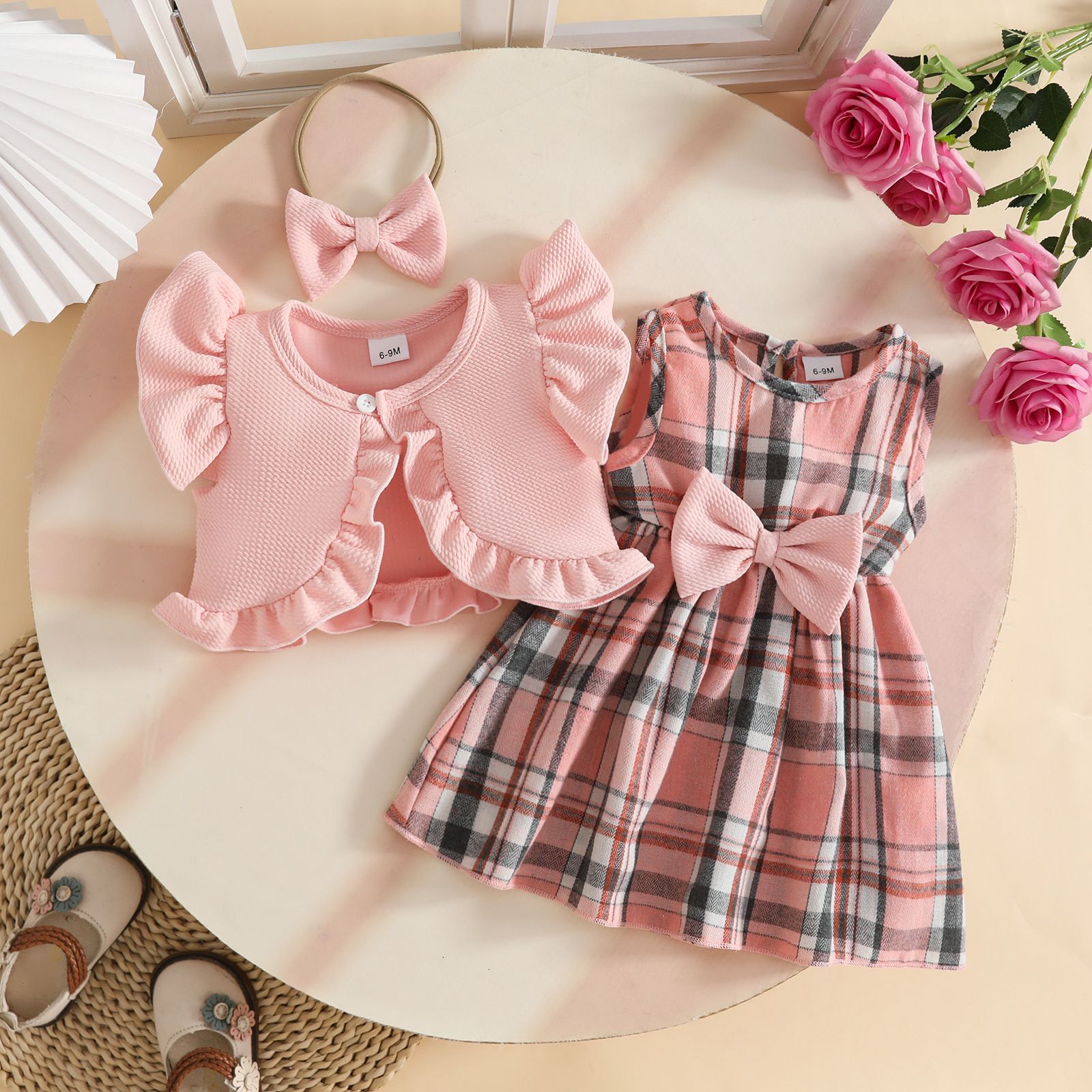 3 Pcs Summer Baby Girl Dress Set Sleeveless Ruffle Crop Jacket Top with Bow Headband Plaid Bow Dress and Infant Toddler Outfit for 3 Months to 3 Years Girls Cute Princess Clothing Set