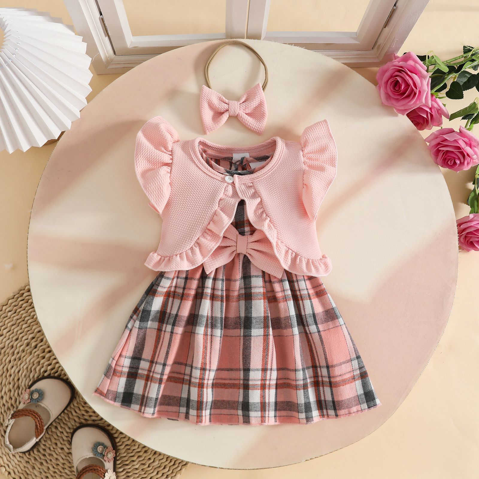 3 Pcs Summer Baby Girl Dress Set Sleeveless Ruffle Crop Jacket Top with Bow Headband Plaid Bow Dress and Infant Toddler Outfit for 3 Months to 3 Years Girls Cute Princess Clothing Set