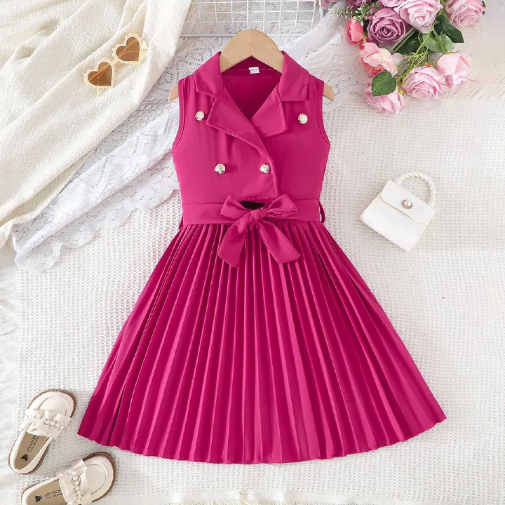 Girls Kids Clothing 2 Piece Set Fashion New Style Suit Collar Sleeveless Dress Pleated Maxi Skirt Bow Belt High End Design Elegant Temperament Outfit