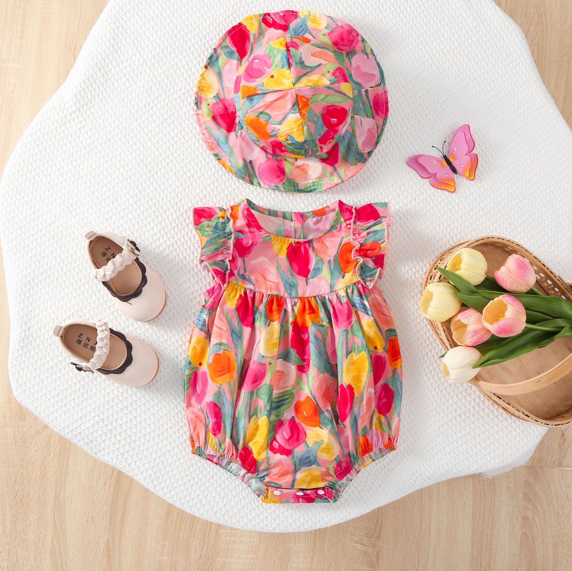 Newborn Infant Tulip Print Romper Cotton Baby Bodysuit Summer Cute Baby Girl Clothes with Hat Baby Girls Cloth Set Baby Clothes