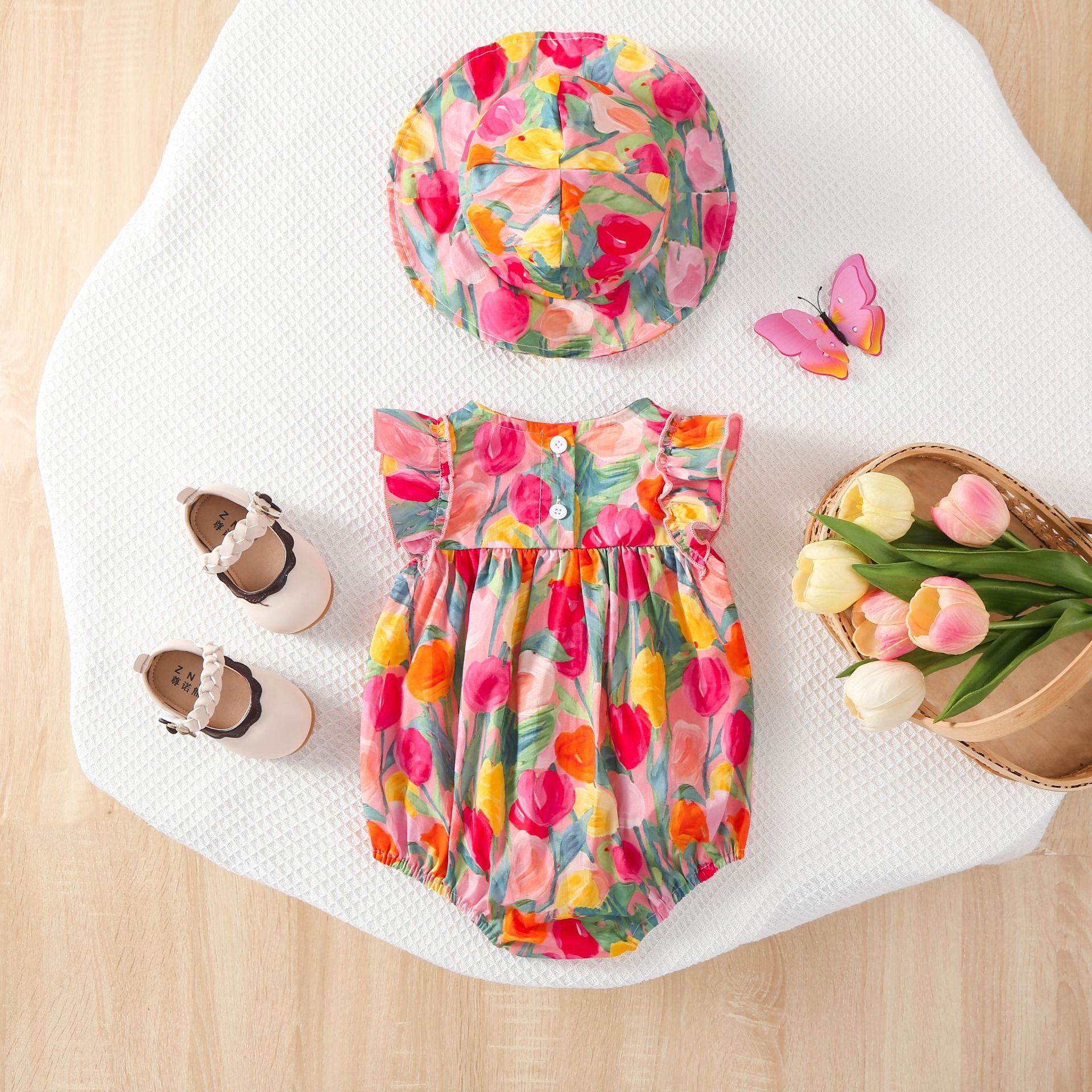 Newborn Infant Tulip Print Romper Cotton Baby Bodysuit Summer Cute Baby Girl Clothes with Hat Baby Girls Cloth Set Baby Clothes
