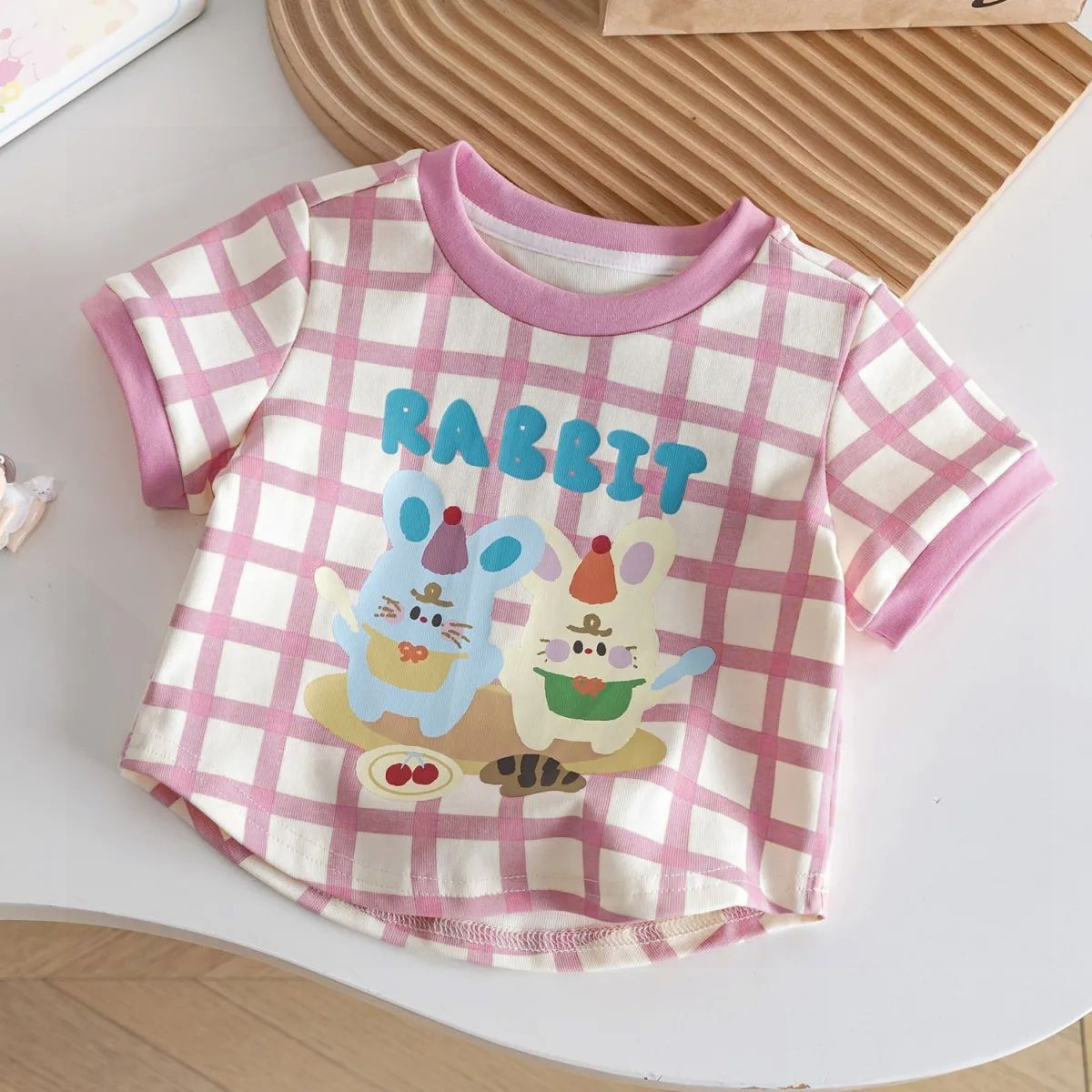 2Pcs Girls Clothing Girls' Tees New Summer Cartoon Cute Top Polka Dot Plaid Color Block Short Sleeve T-Shirt Top Girl Clothes