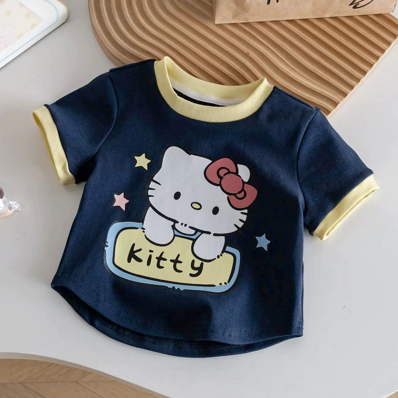 2Pcs Girls Clothing Girls' Tees New Summer Cartoon Cute Top Polka Dot Plaid Color Block Short Sleeve T-Shirt Top Girl Clothes