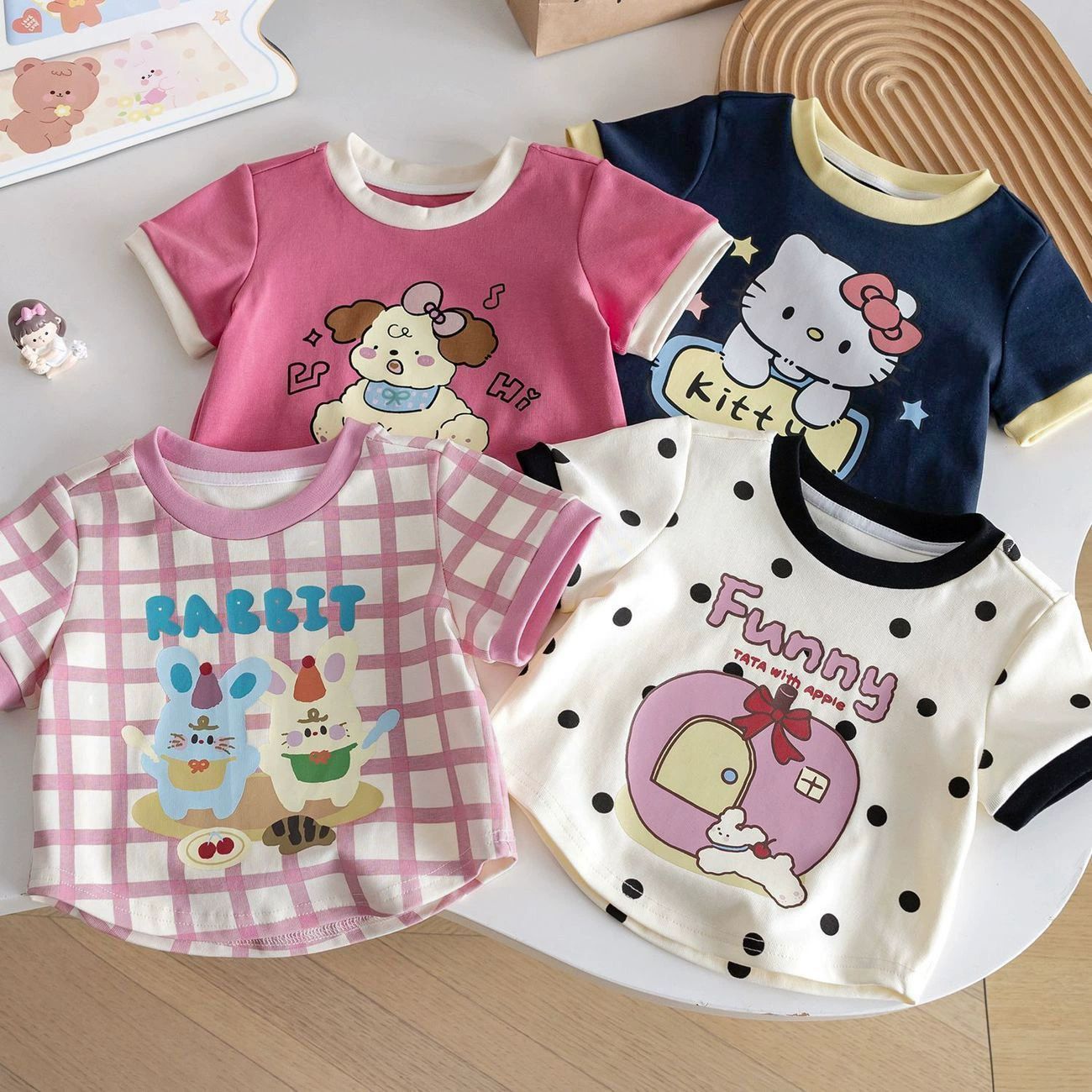 2Pcs Girls Clothing Girls' Tees New Summer Cartoon Cute Top Polka Dot Plaid Color Block Short Sleeve T-Shirt Top Girl Clothes