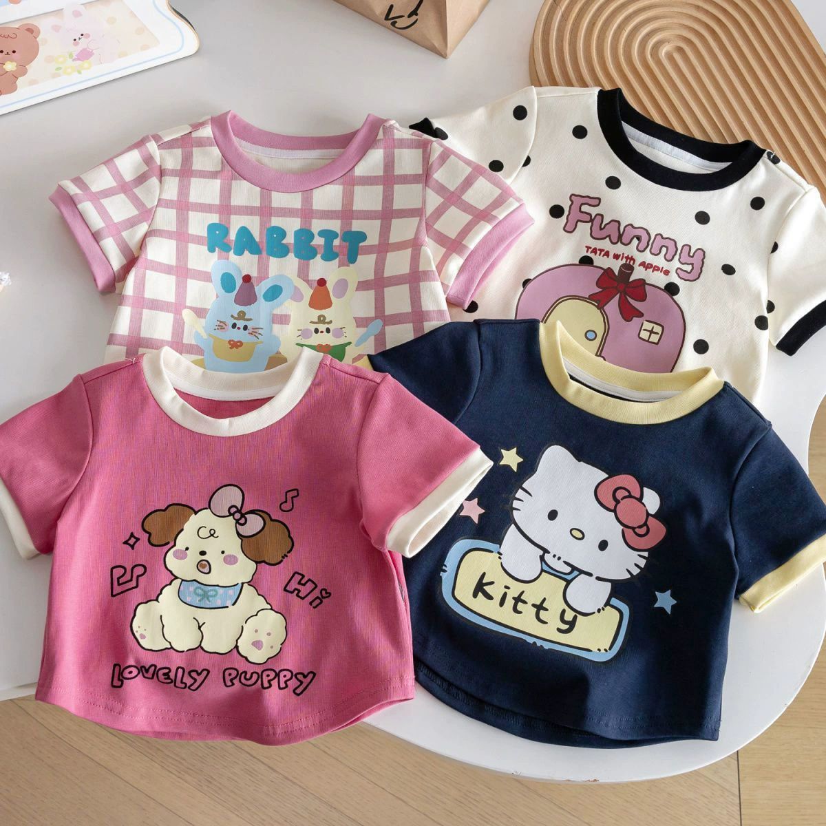 2Pcs Girls Clothing Girls' Tees New Summer Cartoon Cute Top Polka Dot Plaid Color Block Short Sleeve T-Shirt Top Girl Clothes