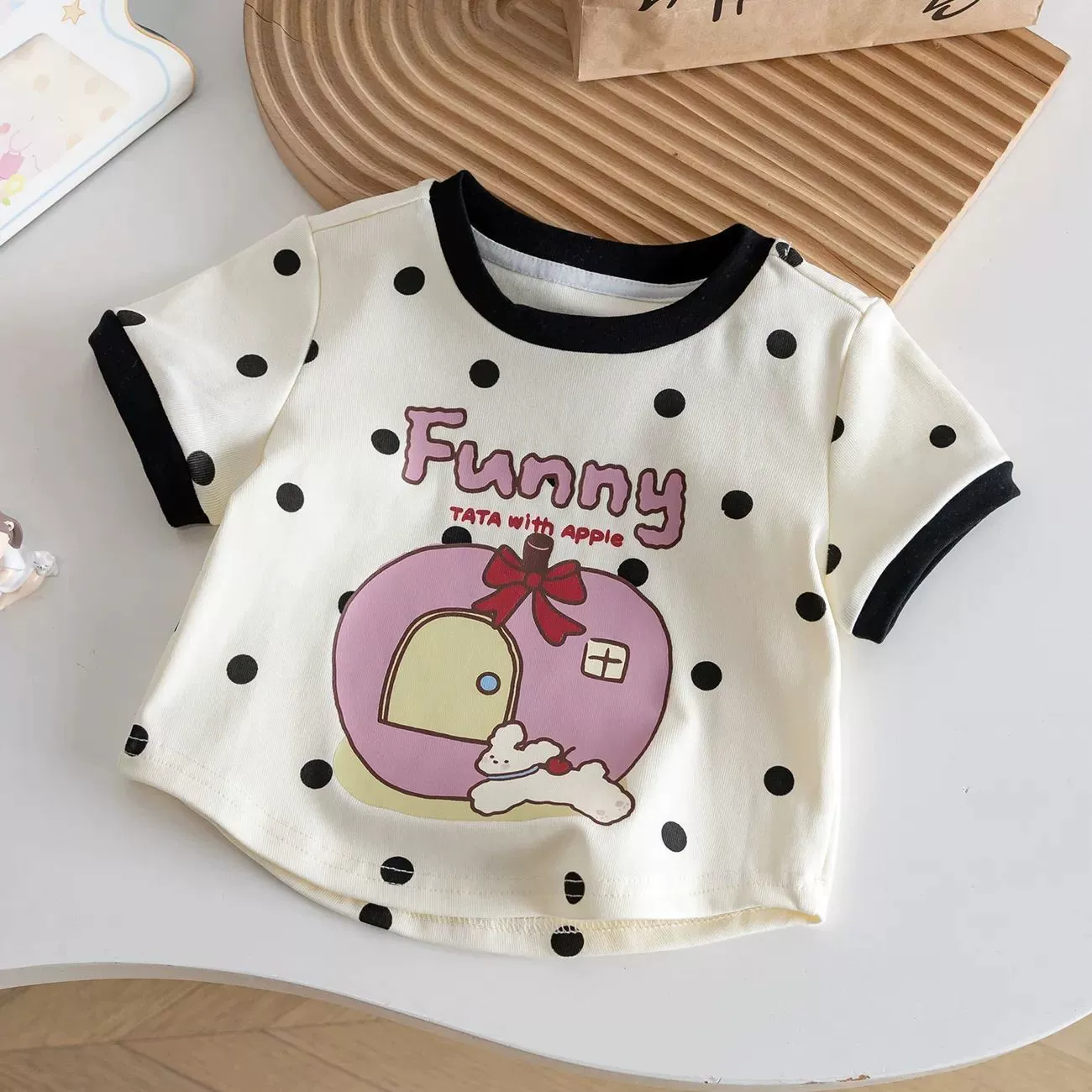 2Pcs Girls Clothing Girls' Tees New Summer Cartoon Cute Top Polka Dot Plaid Color Block Short Sleeve T-Shirt Top Girl Clothes