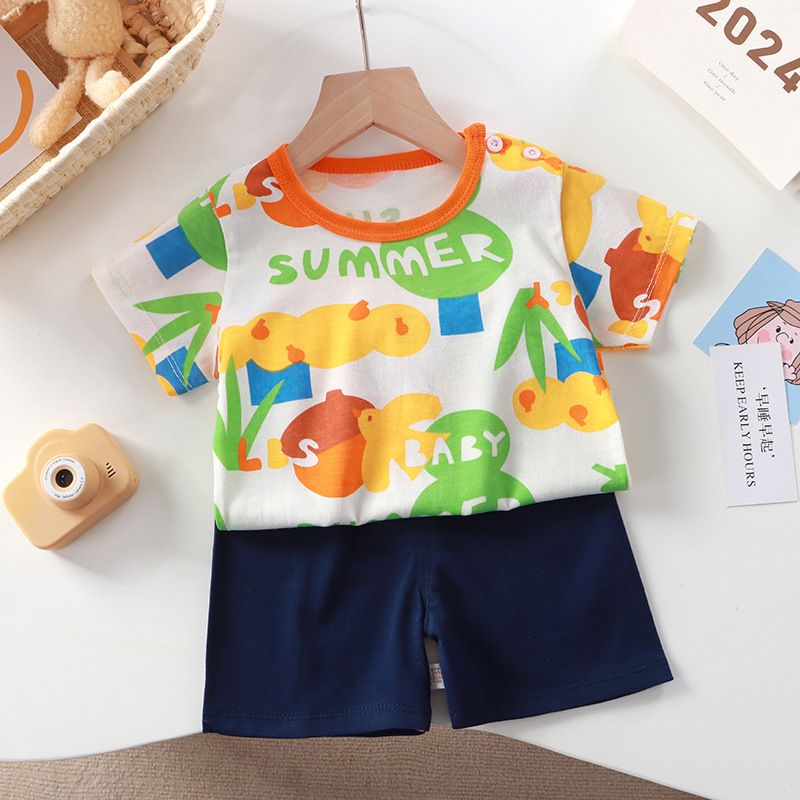 Kids Cartoon Print T-Shirt and Shorts Set Summer Short Sleeve Boys Girls Outfit 2PCS Children Casual Clothing Set