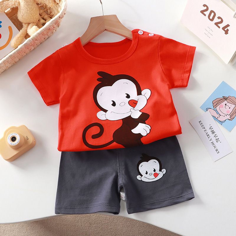 Kids Cartoon Print T-Shirt and Shorts Set Summer Short Sleeve Boys Girls Outfit 2PCS Children Casual Clothing Set