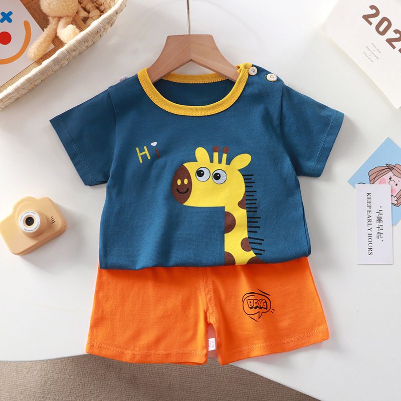 Kids Cartoon Print T-Shirt and Shorts Set Summer Short Sleeve Boys Girls Outfit 2PCS Children Casual Clothing Set