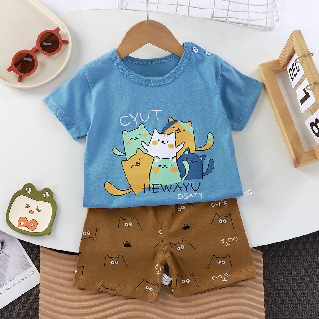 Kids Cartoon Print T-Shirt and Shorts Set Summer Short Sleeve Boys Girls Outfit 2PCS Children Casual Clothing Set