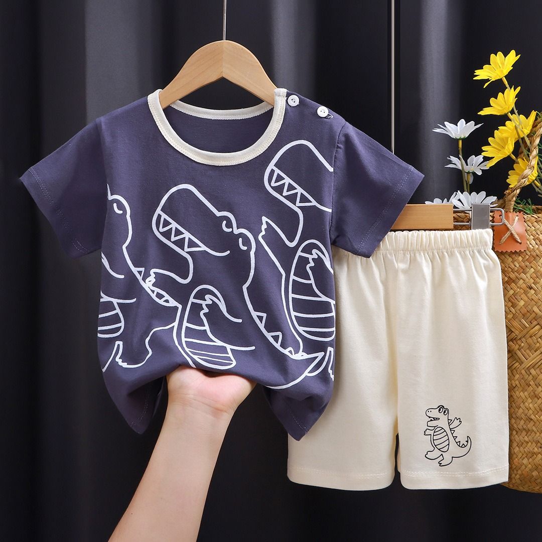 Kids Cartoon Print T-Shirt and Shorts Set Summer Short Sleeve Boys Girls Outfit 2PCS Children Casual Clothing Set